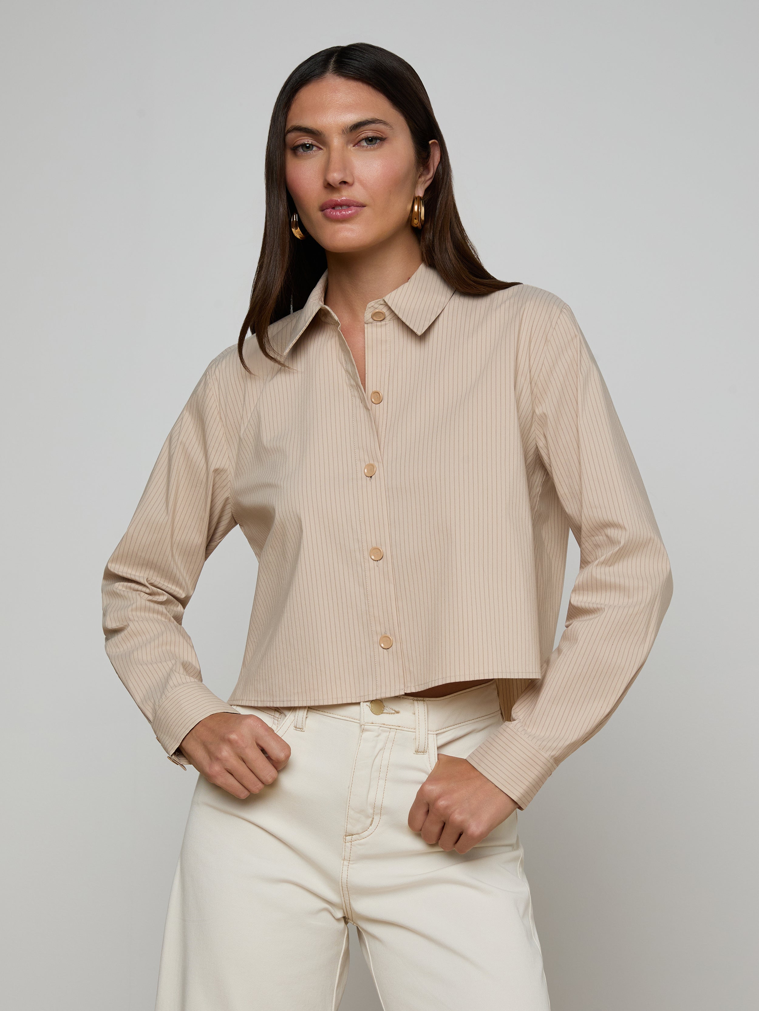 Cosette Shirt in Macadamia/Light Brown Stripe | L'AGENCE