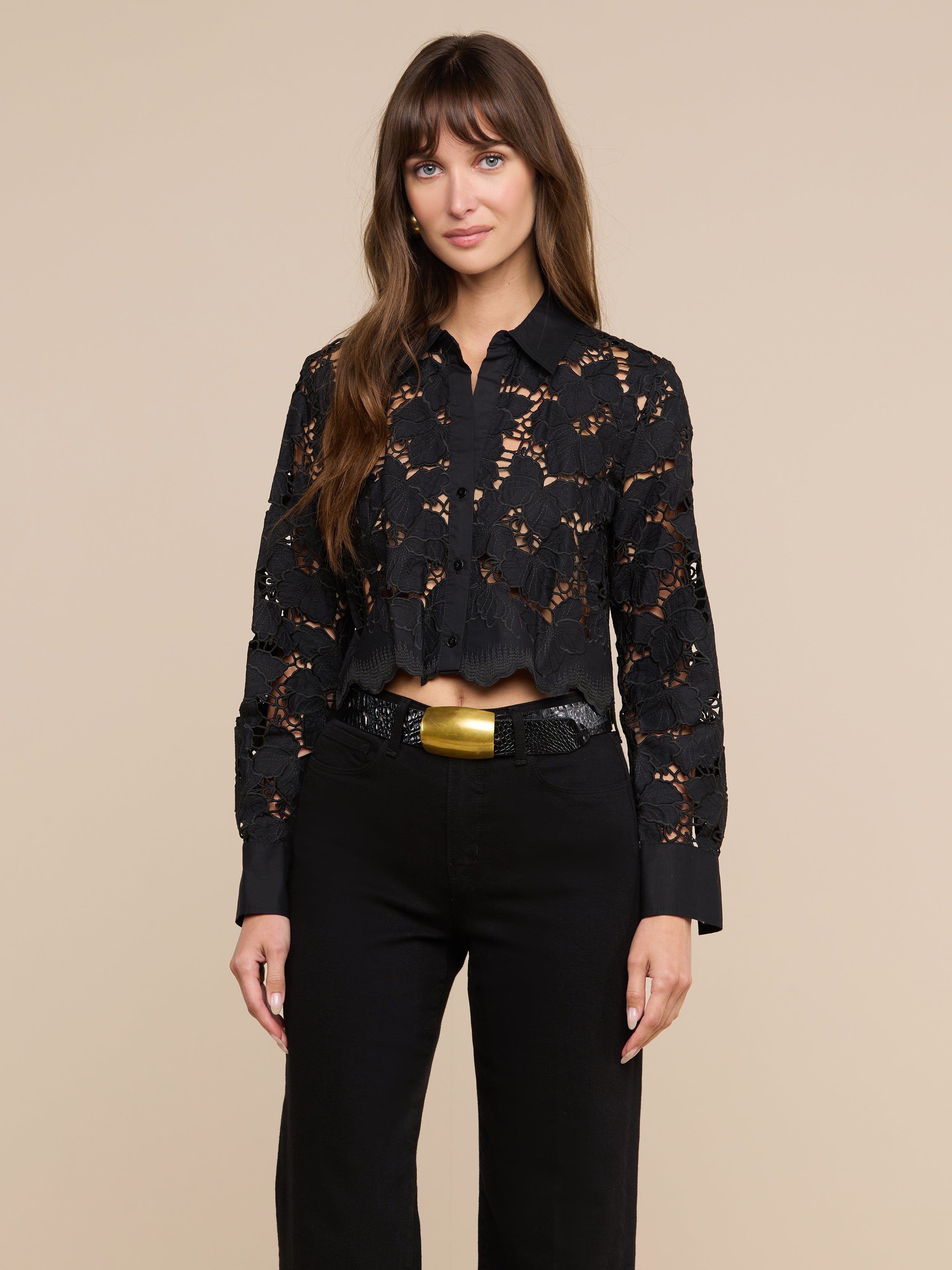 Seychelle Cropped Eyelet Blouse in Black | L'AGENCE