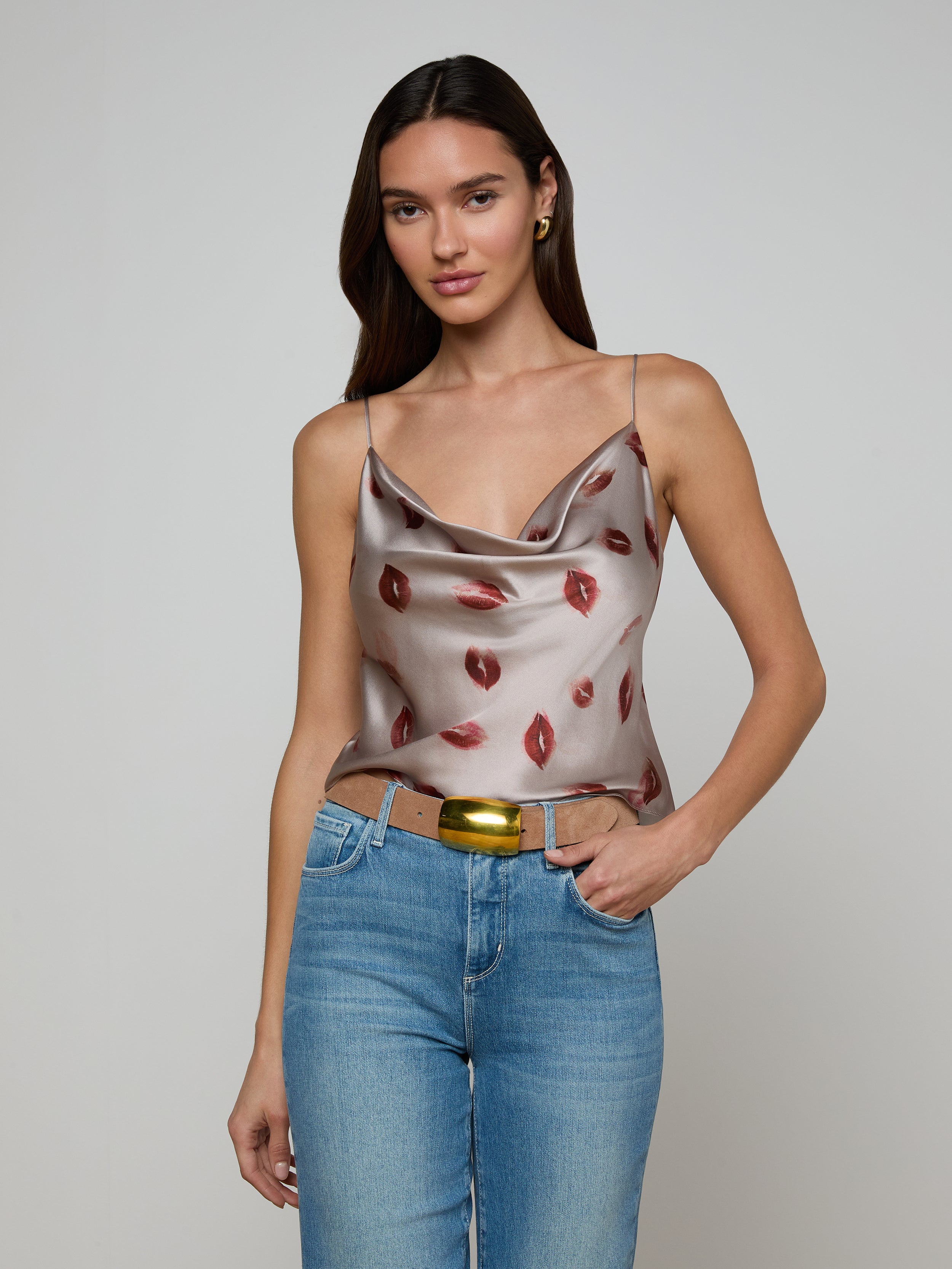Calista Satin Camisole in Taupe/Dark Red Faded Kiss | L'AGENCE