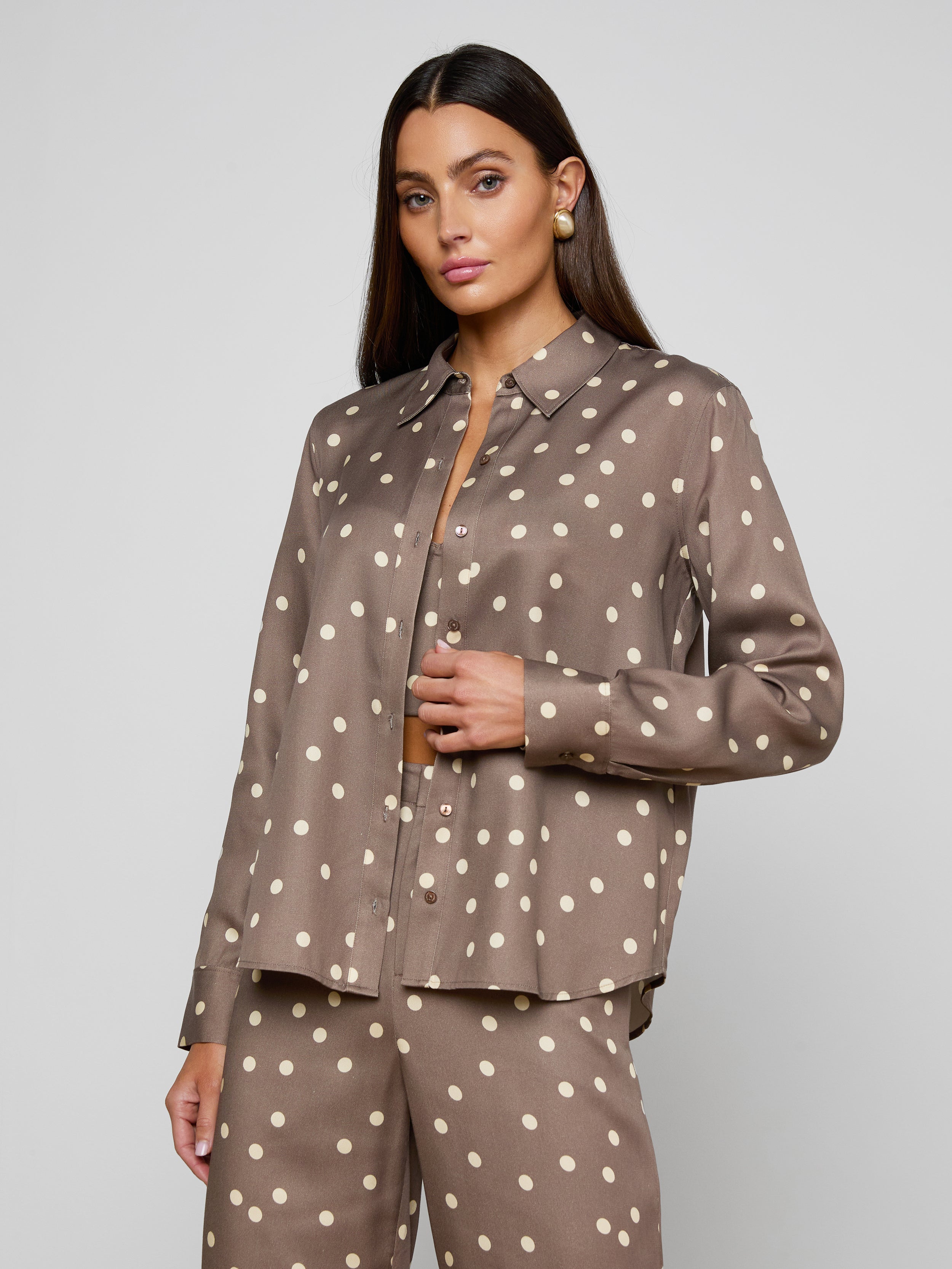 Ellery Button-Down Shirt in Cardamom/Ecru Polka Dot | L'AGENCE