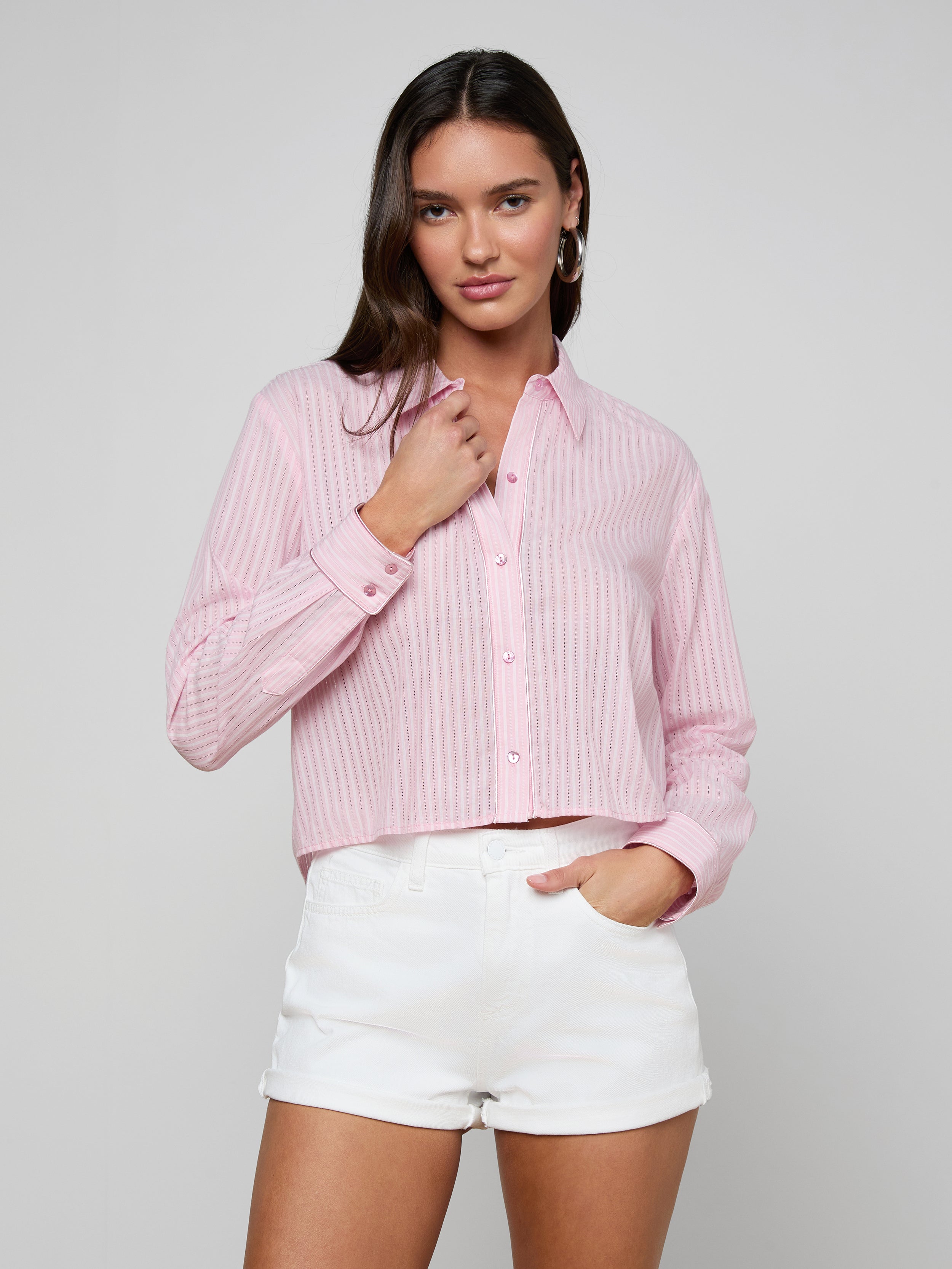 Cosette Shirt in Cameo Pink/Ivory Stripe | L'AGENCE