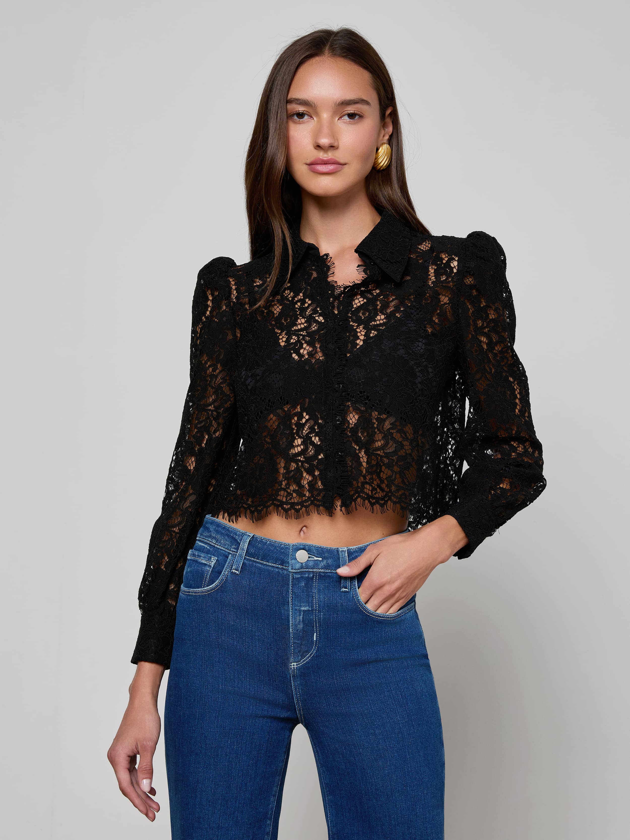 L'AGENCE Anita Lace Blouse Top In Black
