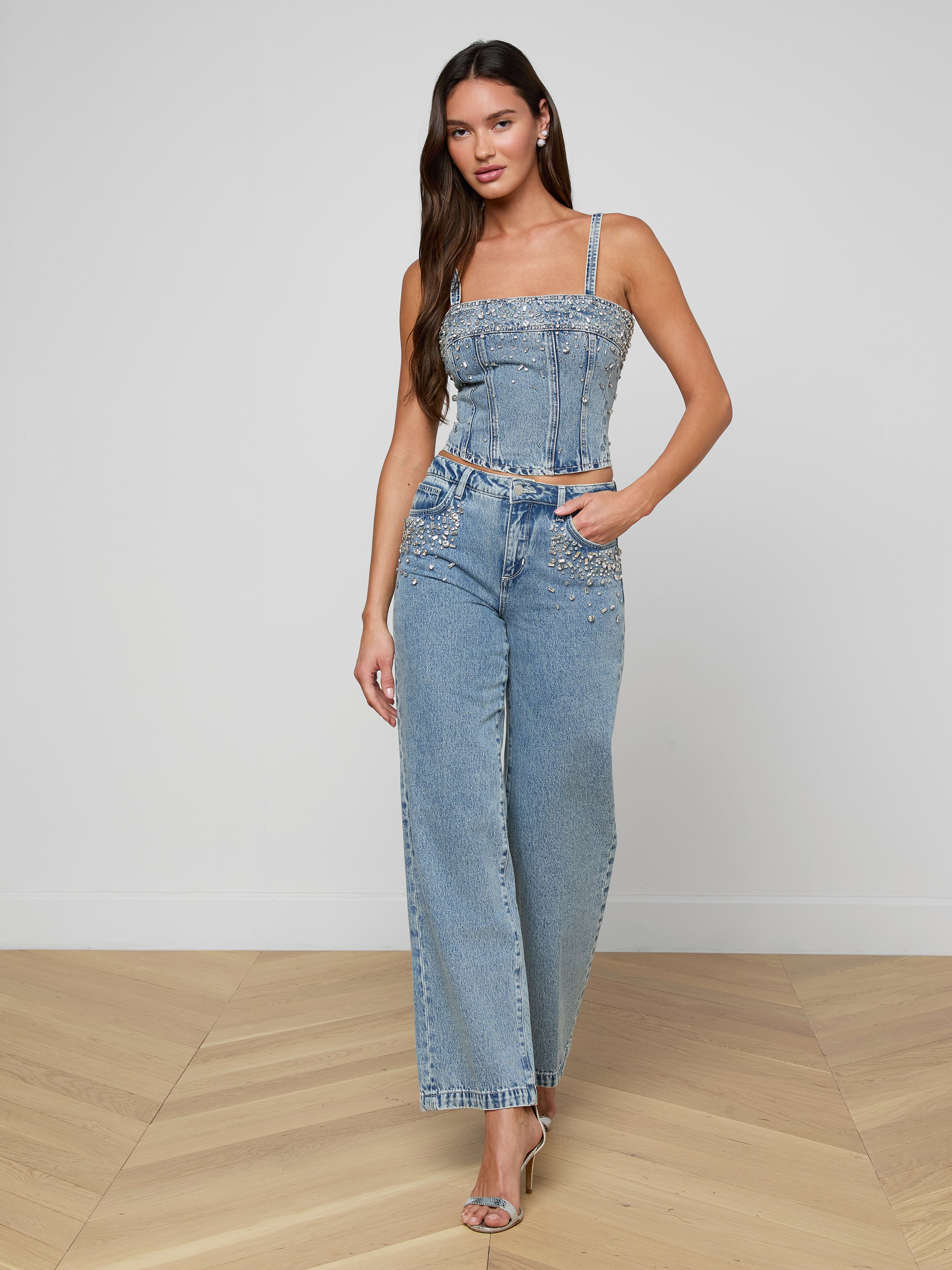 Scottie Embellished Wide-Leg Jean in Malibu | L'AGENCE