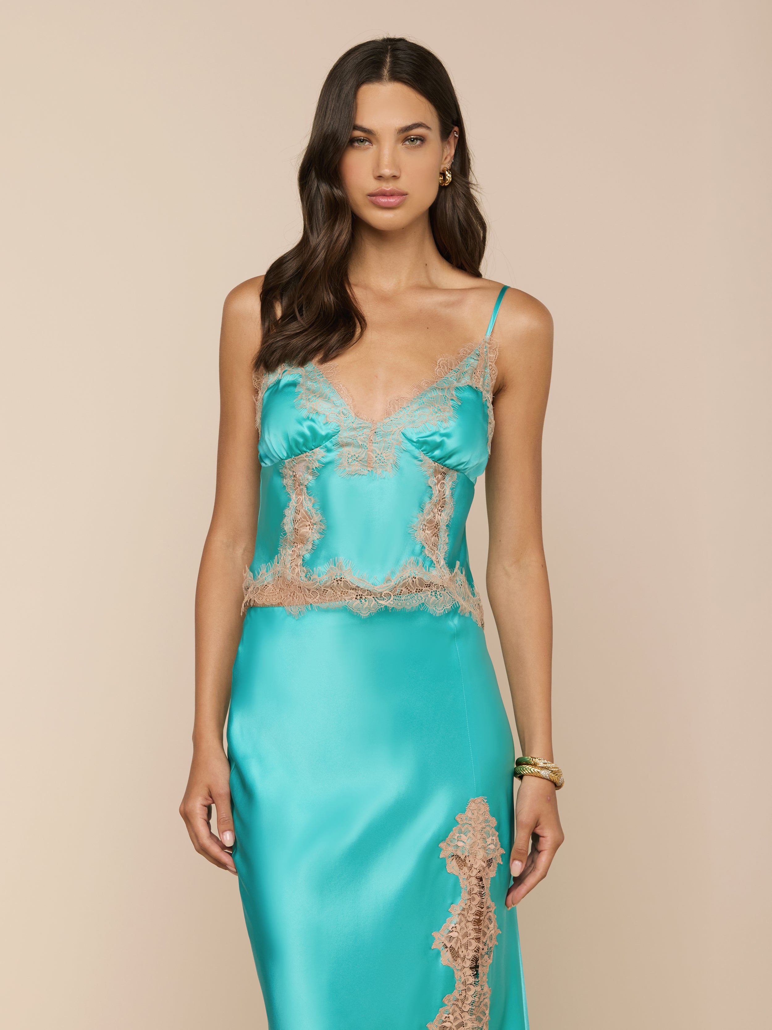 Kimber Silk Lace Camisole in Cyan/Cappuccino | L'AGENCE