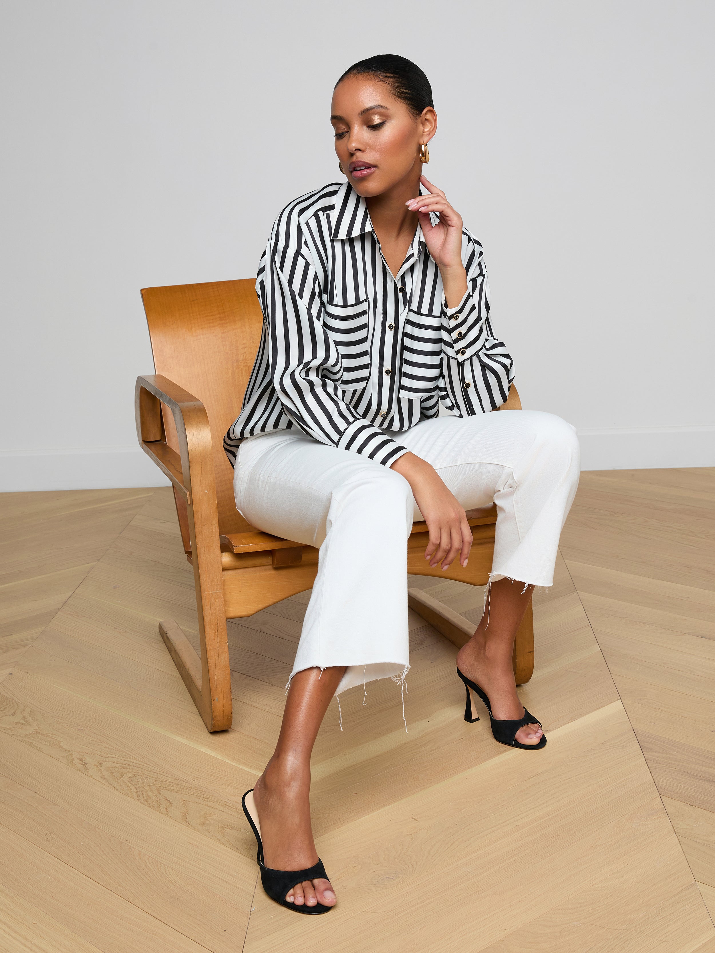 Eliora Shirt in Black/Ivory Even Stripe | L'AGENCE