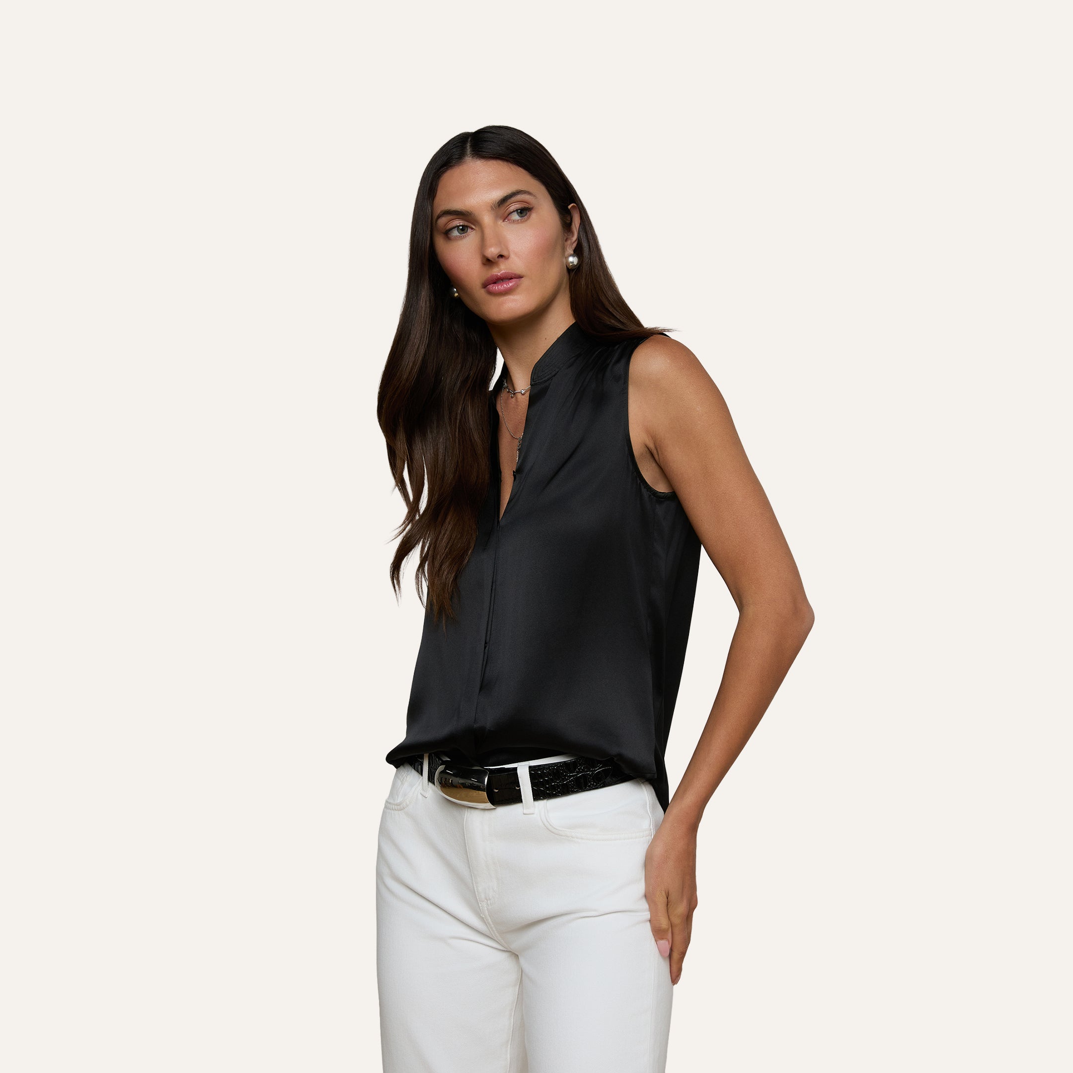 LOHEN Sleeveless Blouse in High Count Double Cloth, Gray