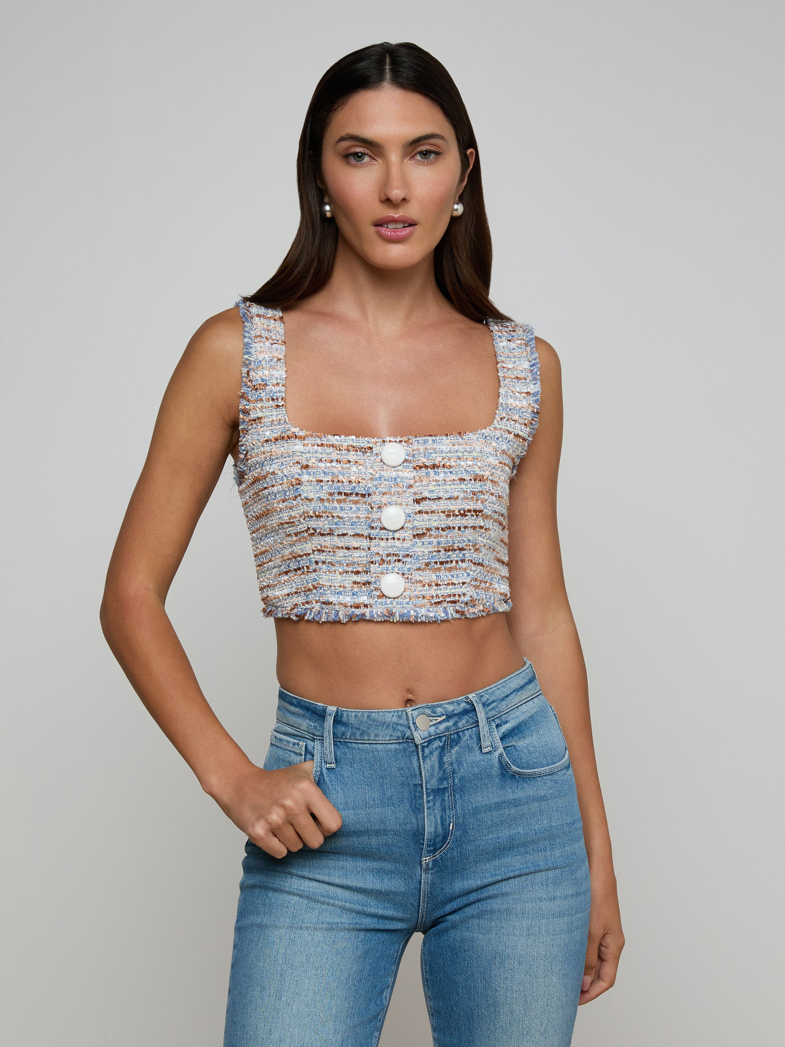 Muno Tweed Top in Blue/Beige Tweed | L'AGENCE