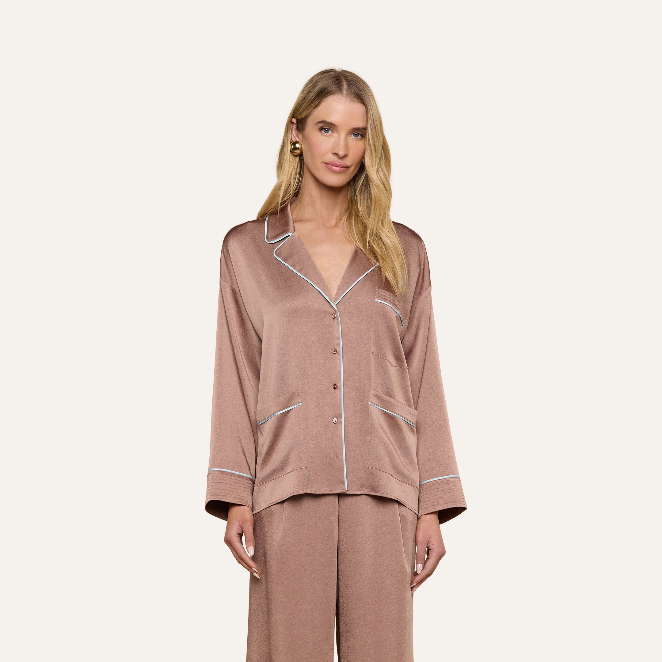 Mara Blouse in Mocha Tan/Cool Blue | L'AGENCE