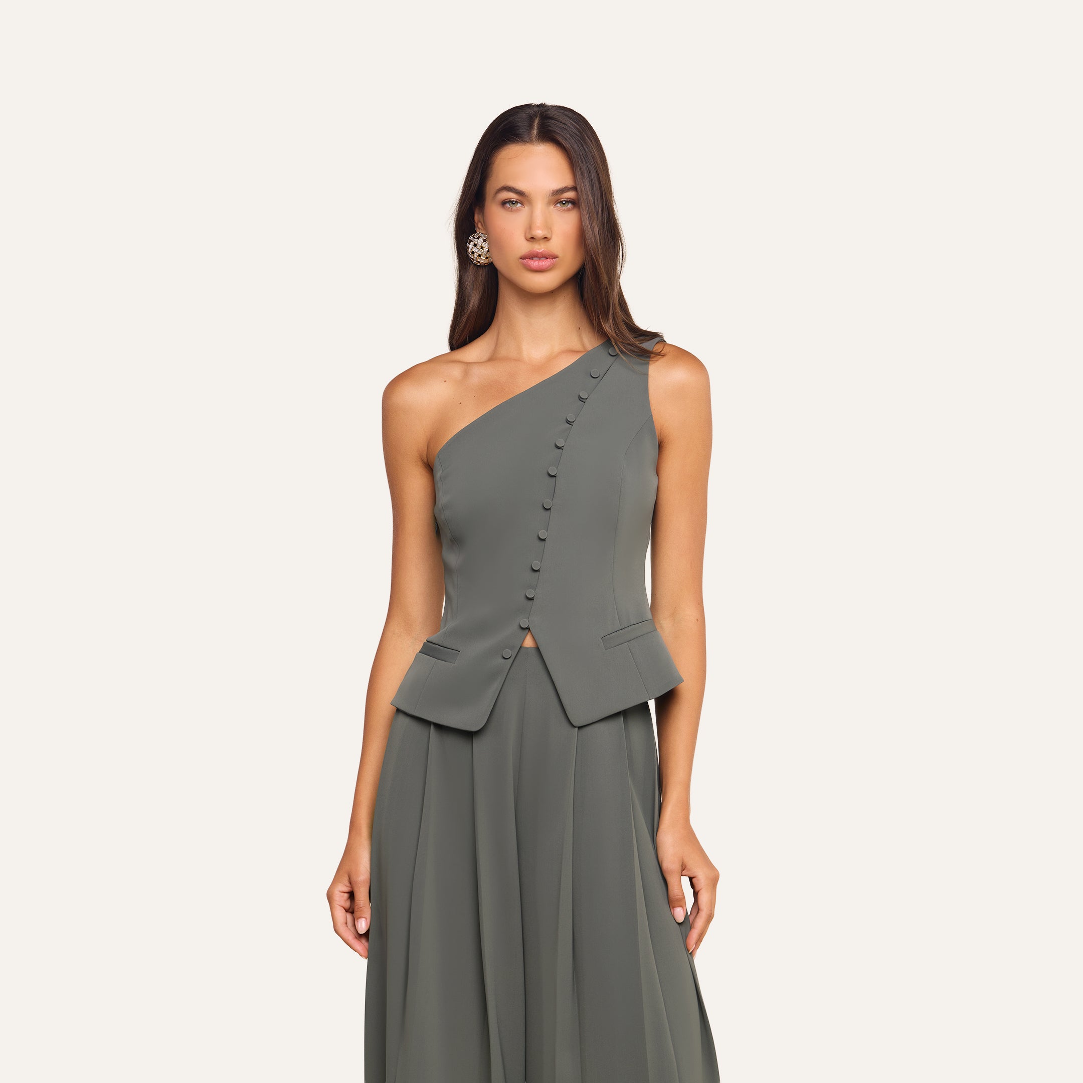 Zinnia One-Shoulder Top in Ash Olive | L'AGENCE
