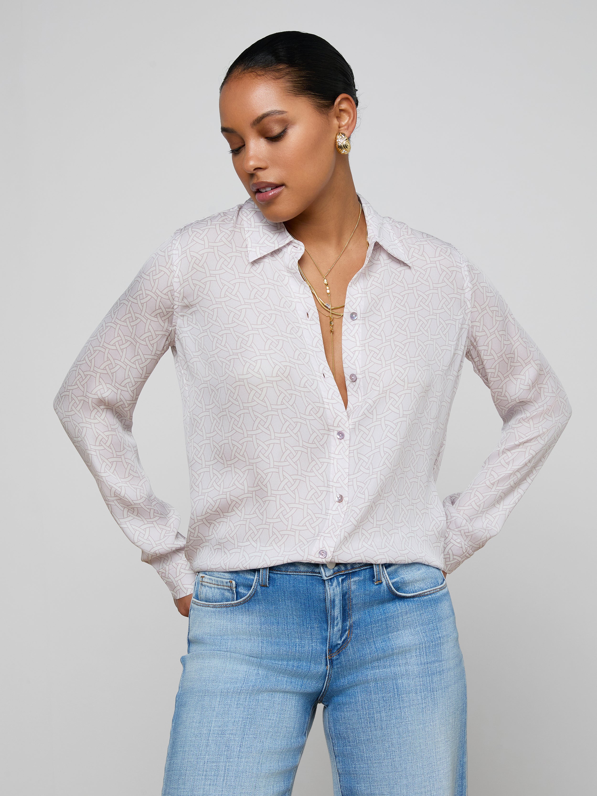 heyon ヘヨン　lsabelle blouse Nina Silk Blouse in Icy Lilac Linked Geo | L'AGENCE