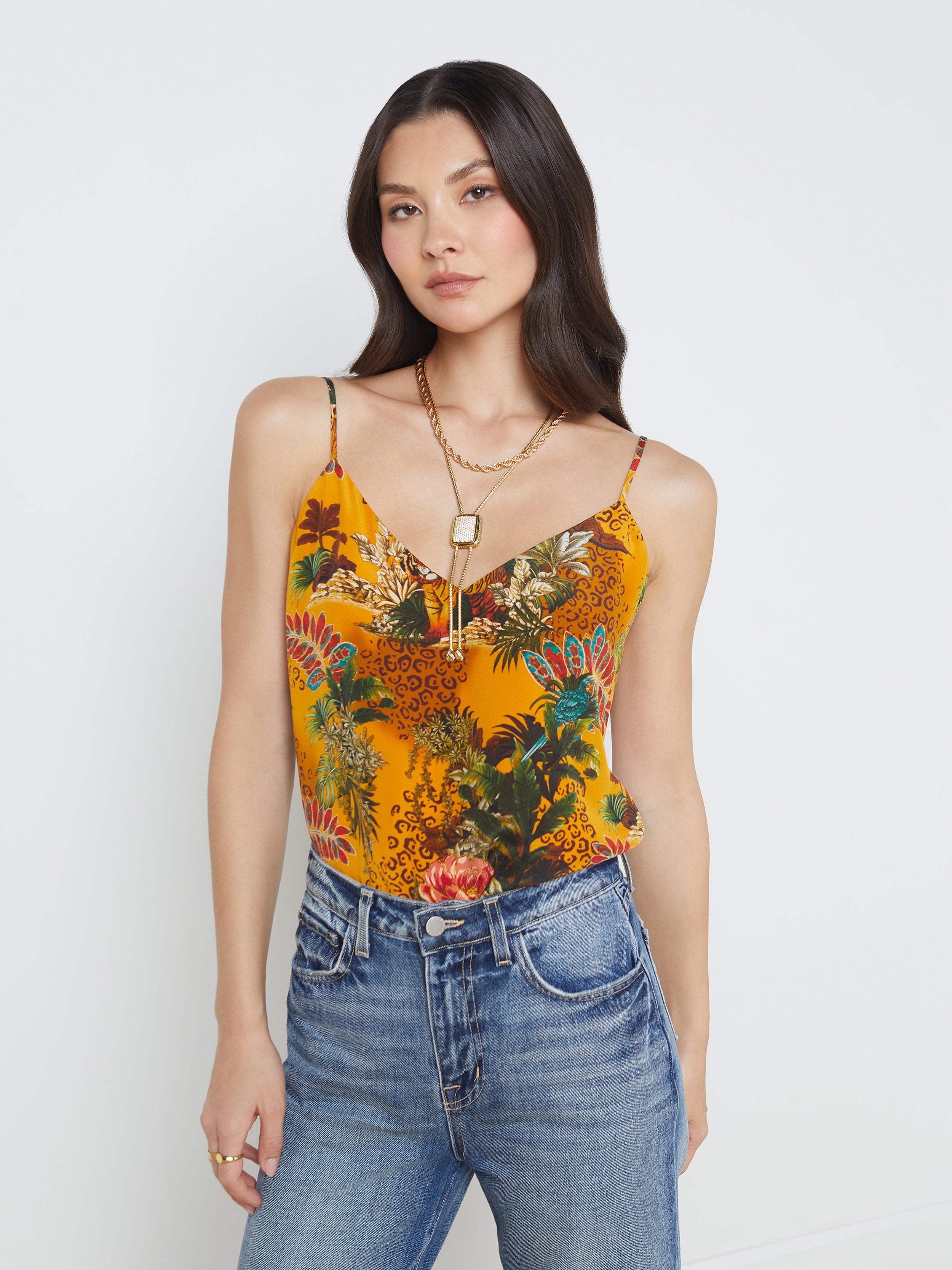 L'AGENCE Jane Camisole Tank in Yellow Multi Tiger Floral Jungle