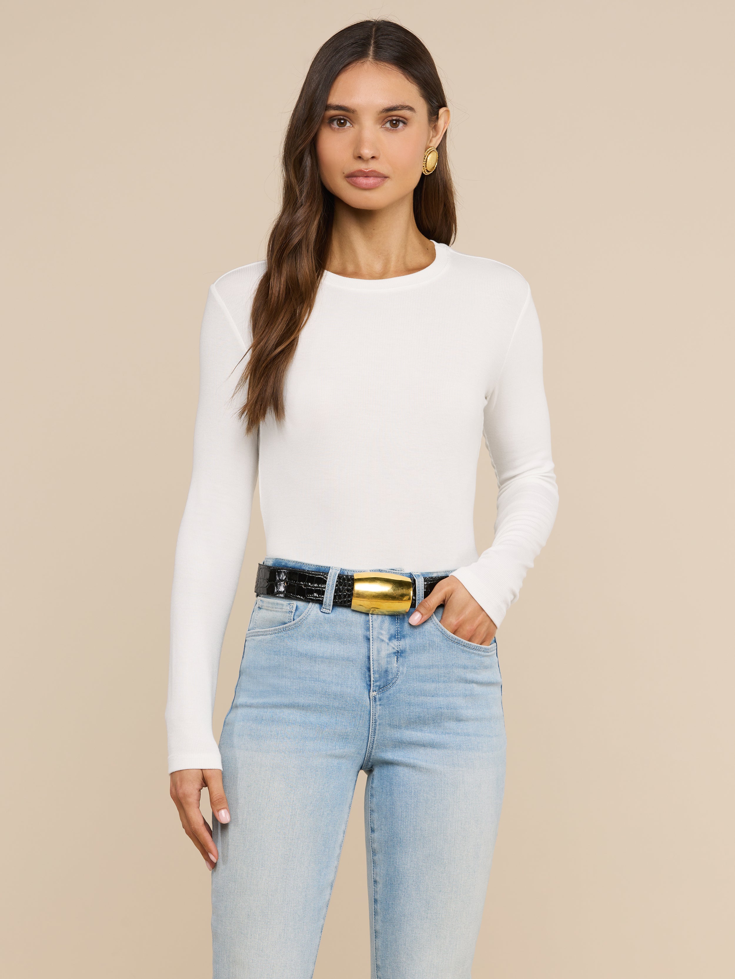 Tess Long Sleeve Tee in White Micro Modal | L'AGENCE