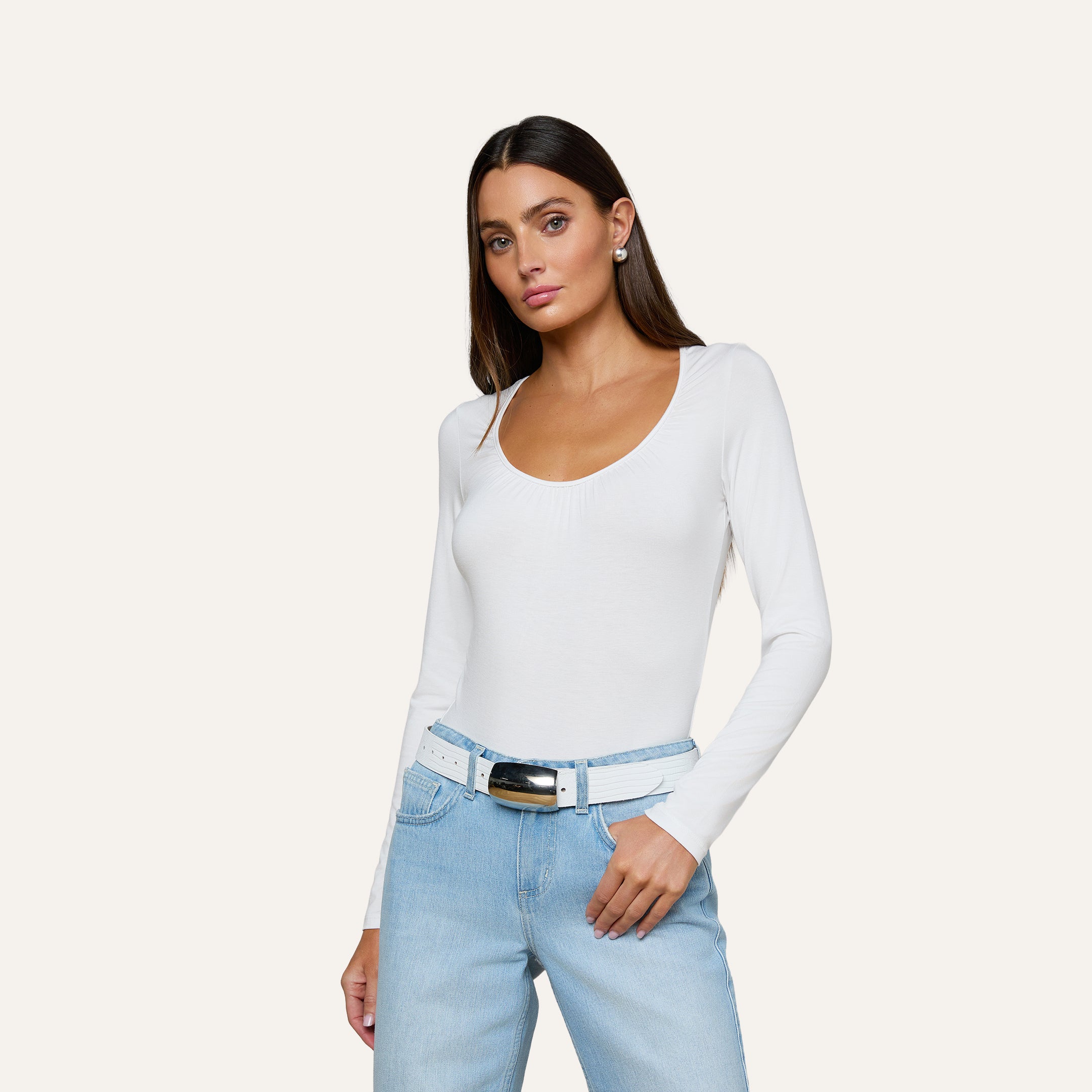 Cassandra Ruched Bodysuit in White | L'AGENCE
