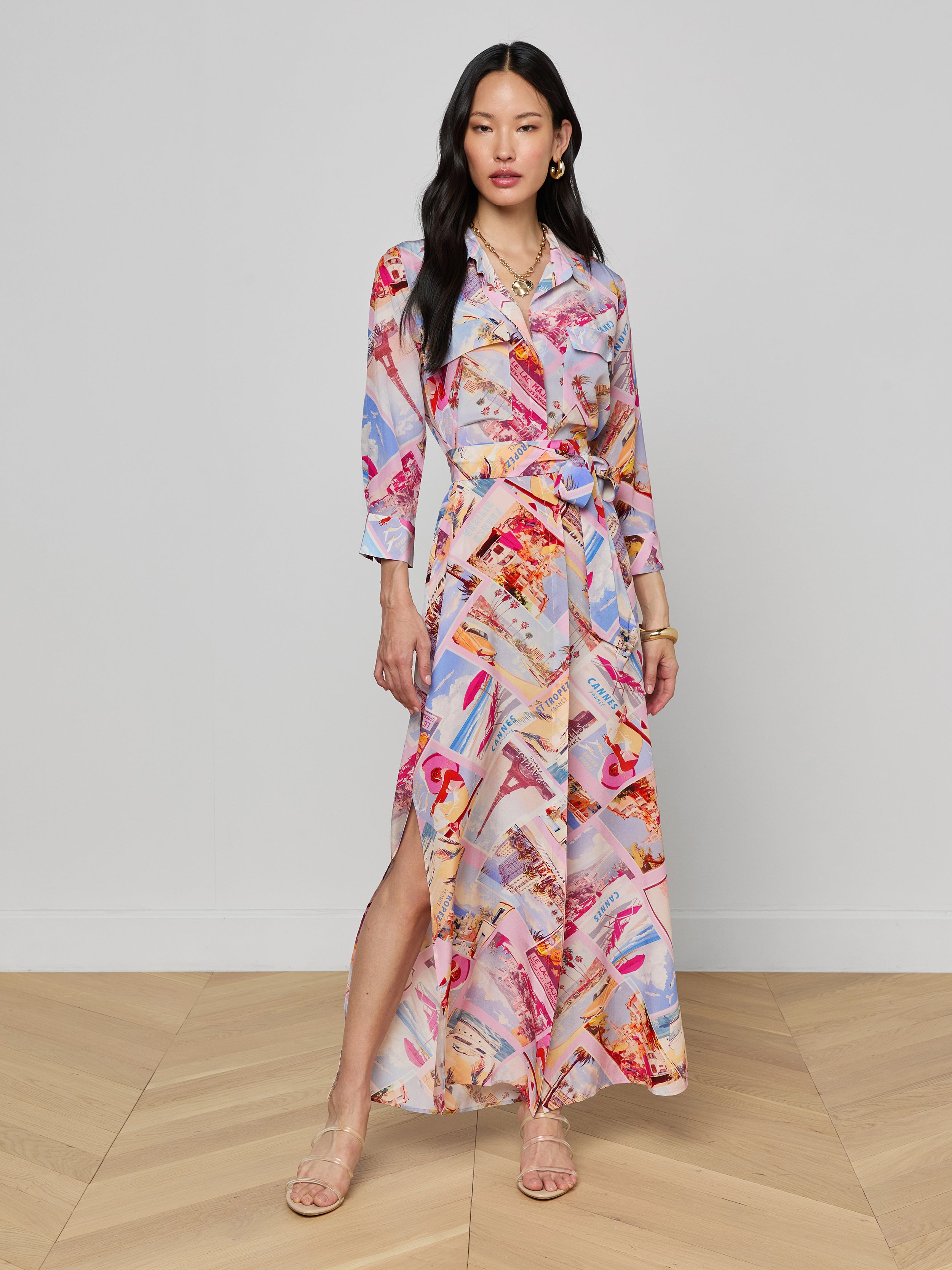 silk print dress L'AGENCE Cameron Silk Shirt Dress In Light Pink Multi Large Postcard Print