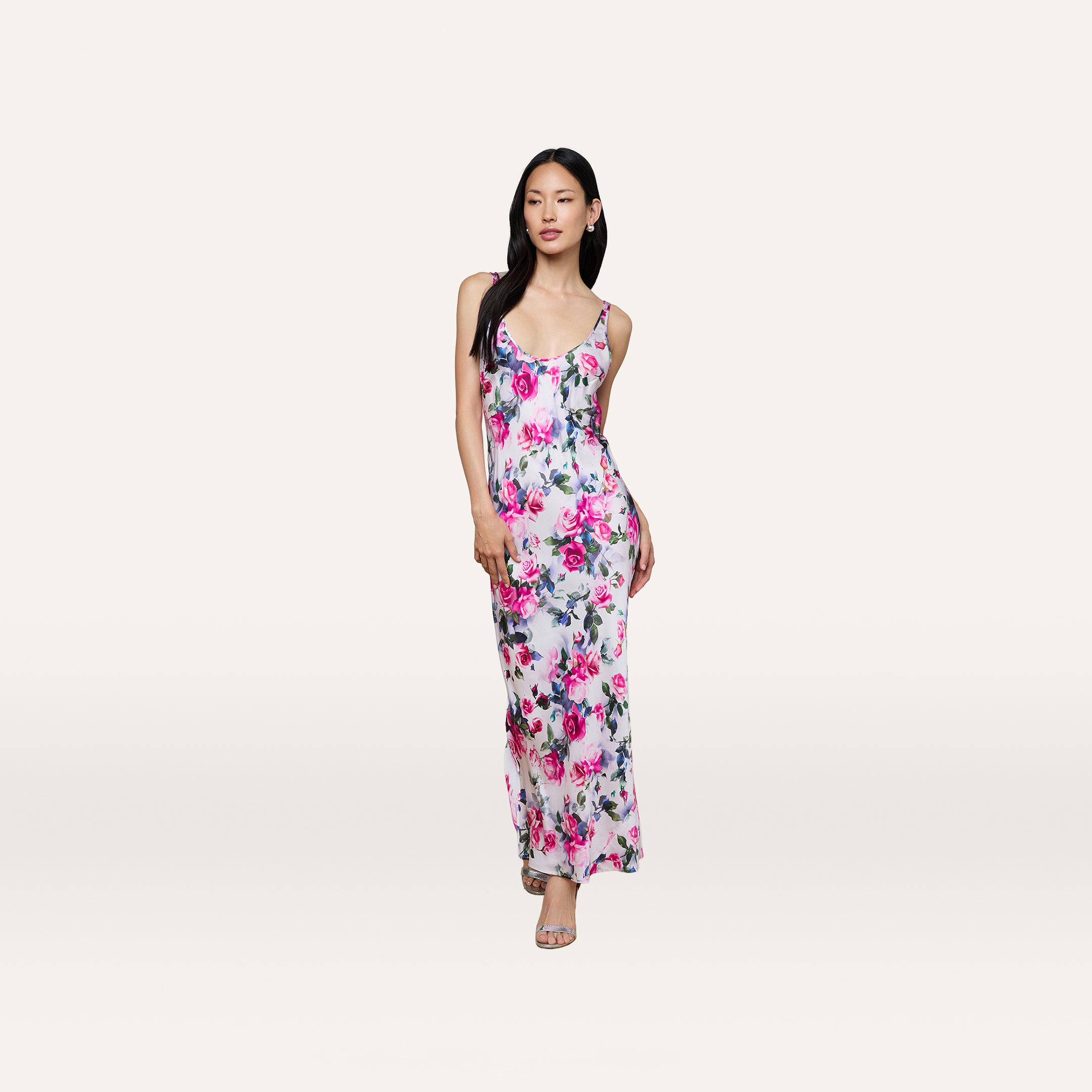 Akiya Satin Maxi Dress in Pink Multi Water Rose | L'AGENCE