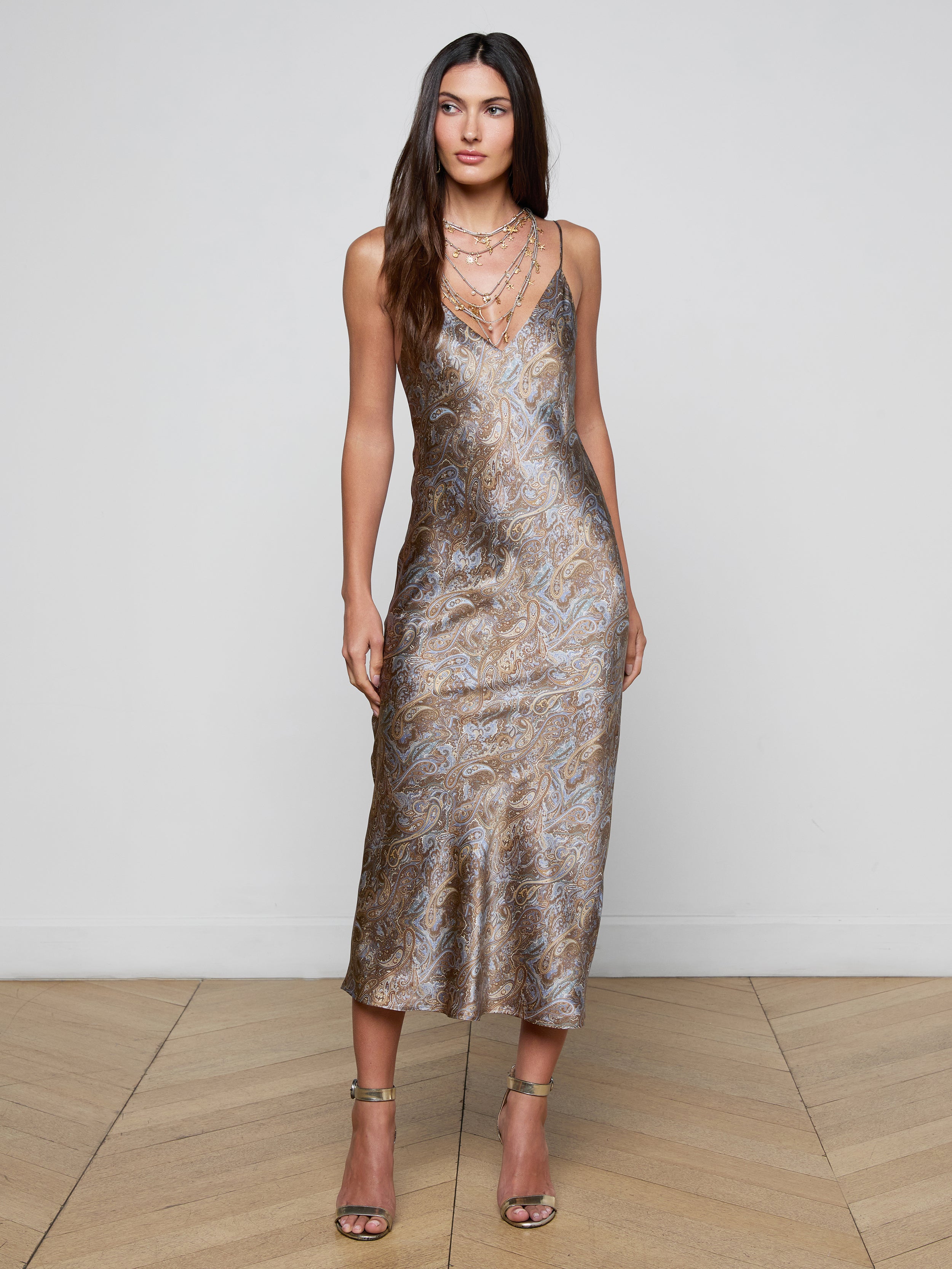 L'Agence Seridie Silk Slip Dress In Neutral/Blue Ditsy Paisley L'Agence Seridie Silk Slip Dress In Neutral/Blue Ditsy Paisley