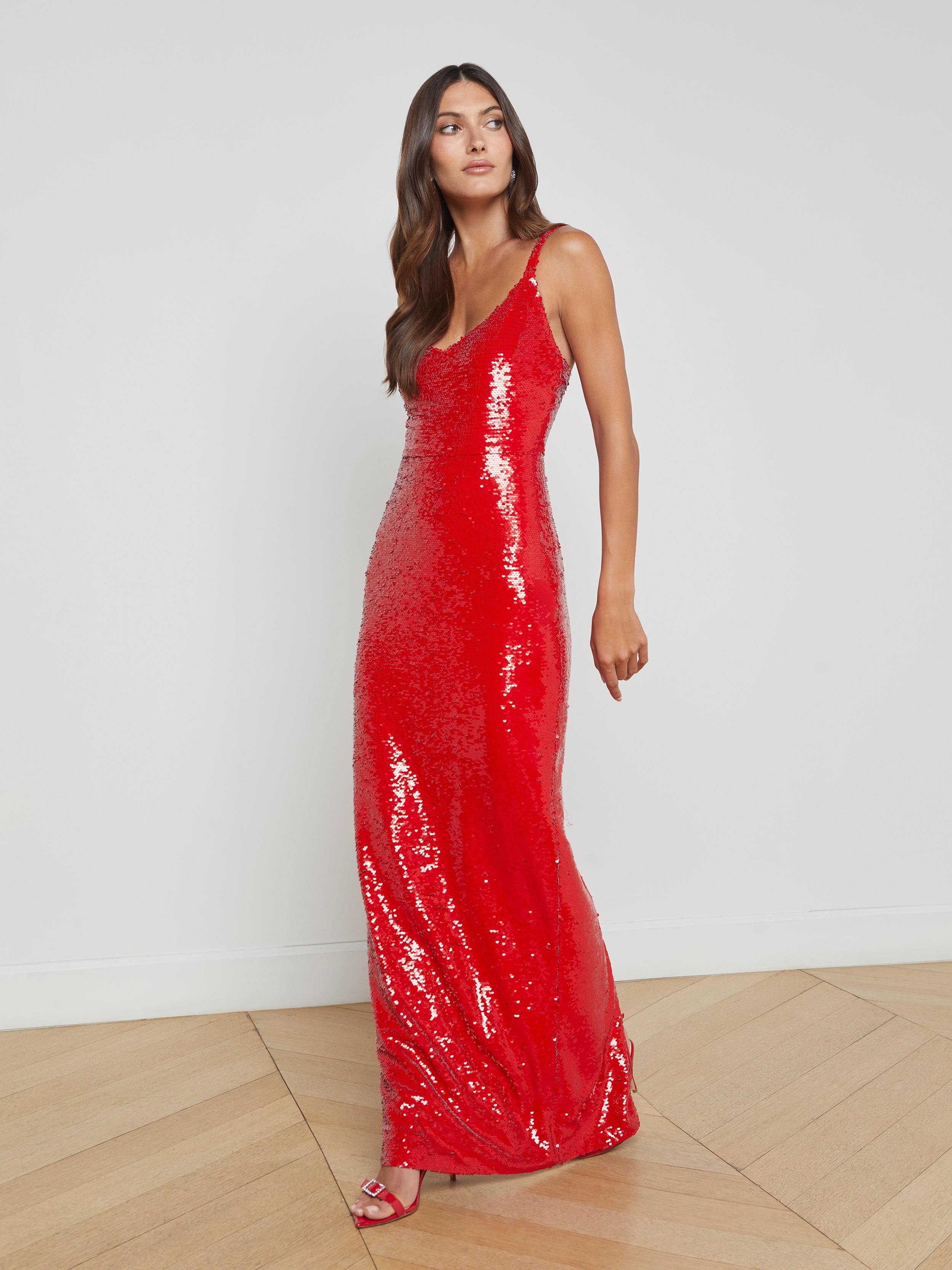 maxi red sequin dress Karina Style with heels and curls to be best dressed. Red Glitter Maxi Dress Red
