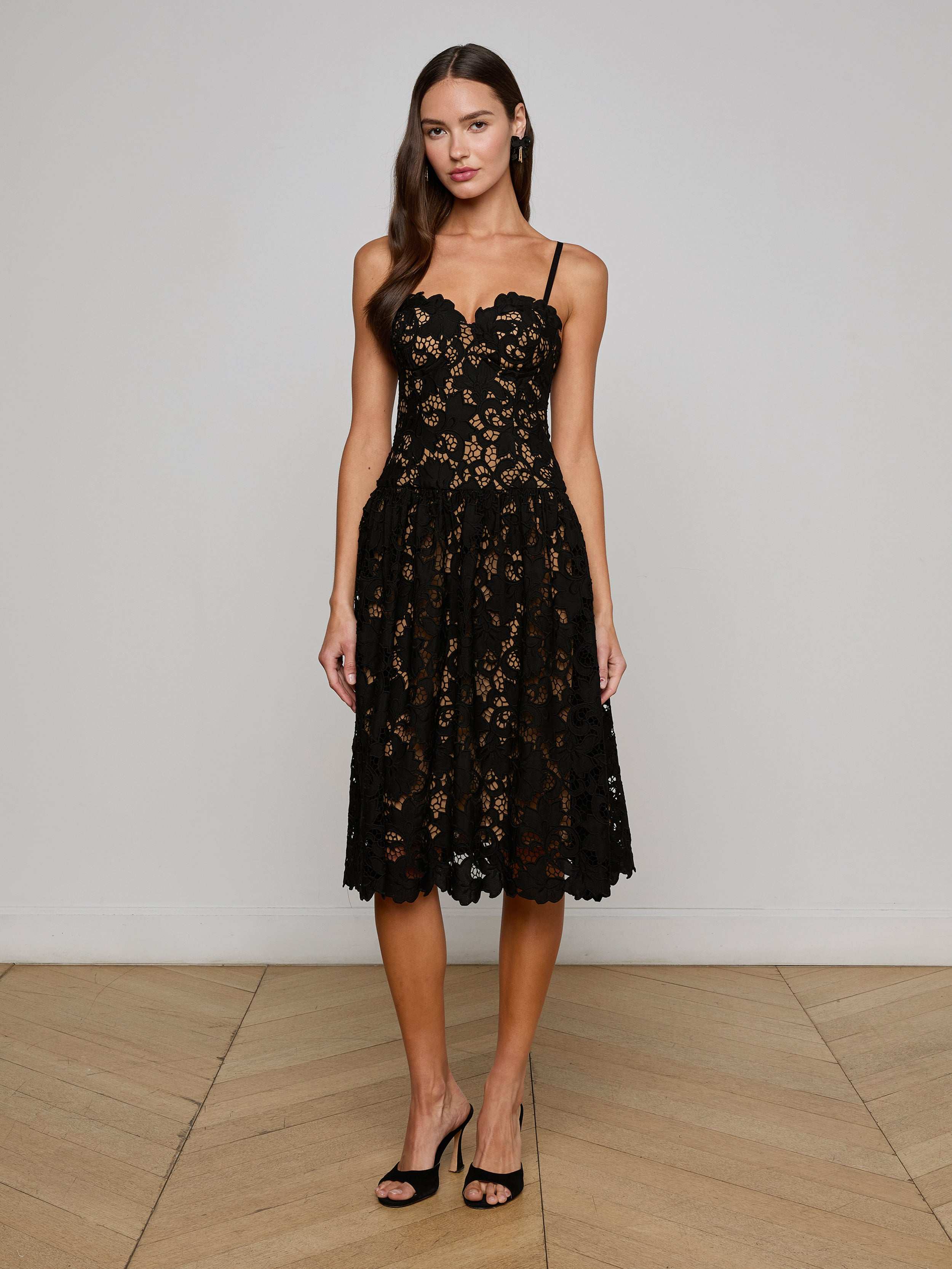 L'AGENCE Flyn Lace Midi Dress In Black L'AGENCE Flyn Lace Midi Dress In Black