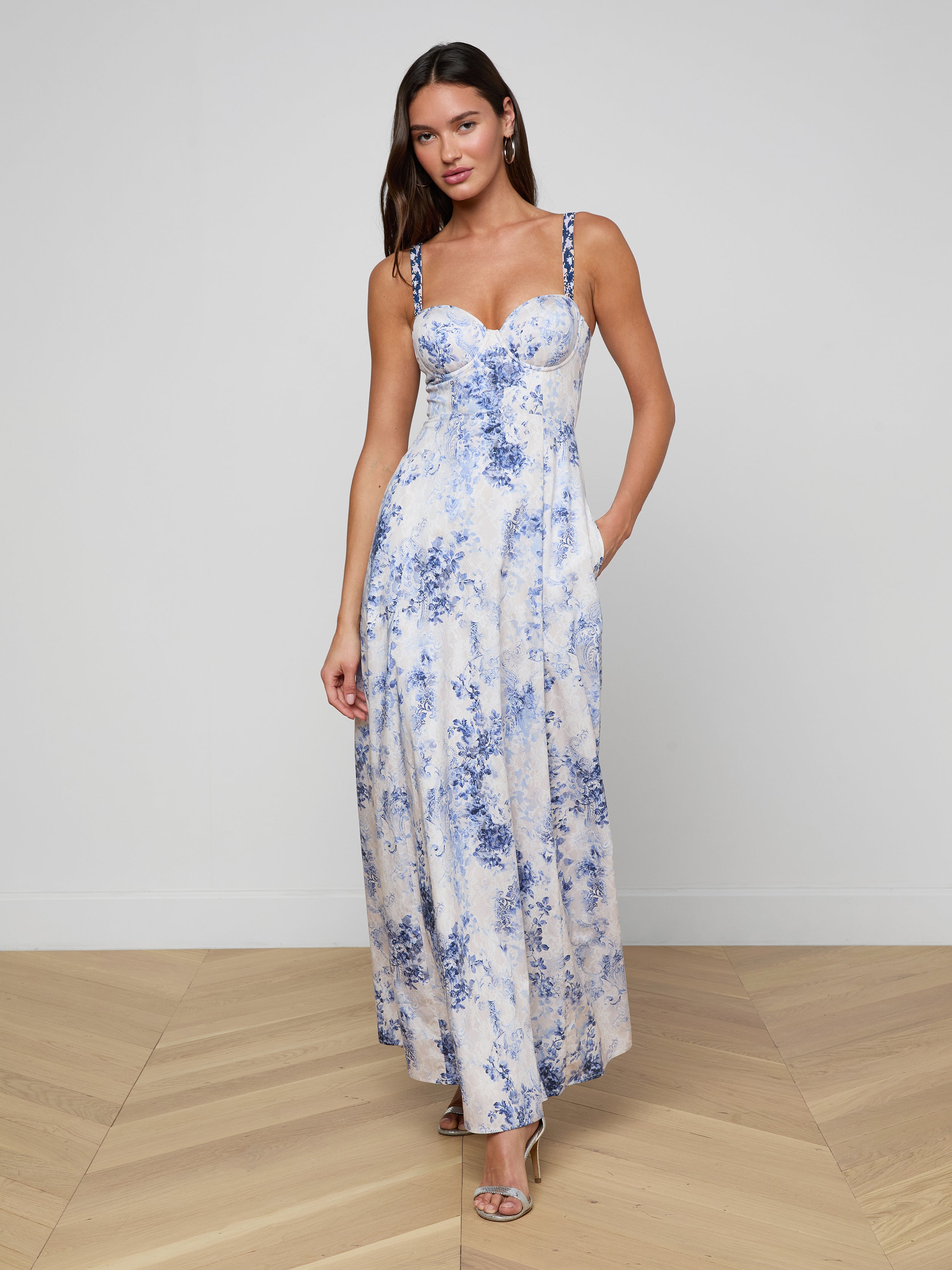blue dress for baby girl Sutton Beaded Strap Gown in Ivory/Blue Watercolor Lace Paisley