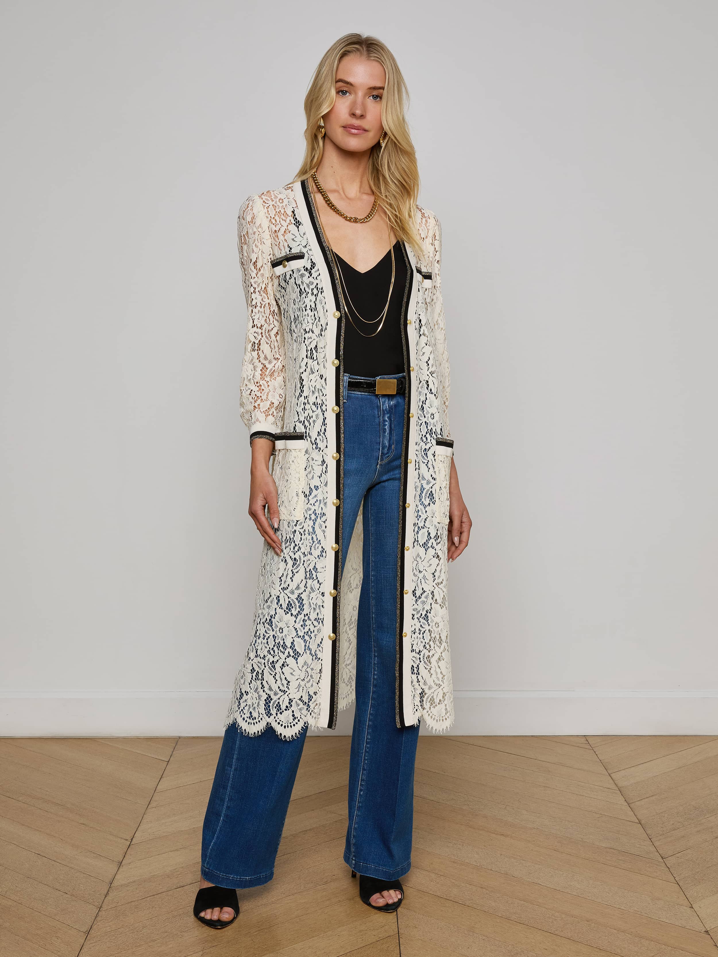 Whisper Lace Cardigan Dress in Ecru L'AGENCE