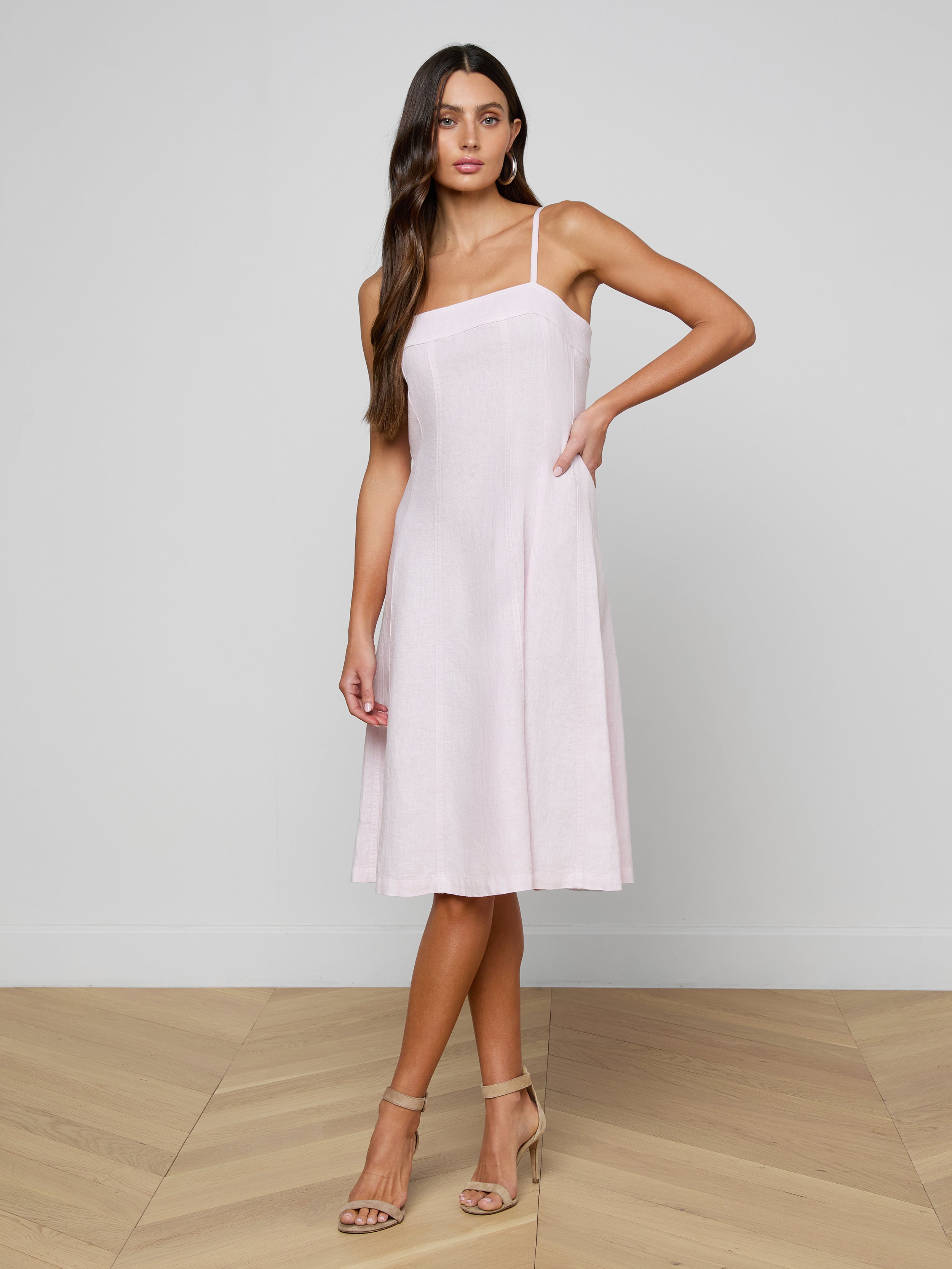 L'Agence Mitzy Linen Midi Dress In Icy Lilac L'Agence Mitzy Linen Midi Dress In Icy Lilac