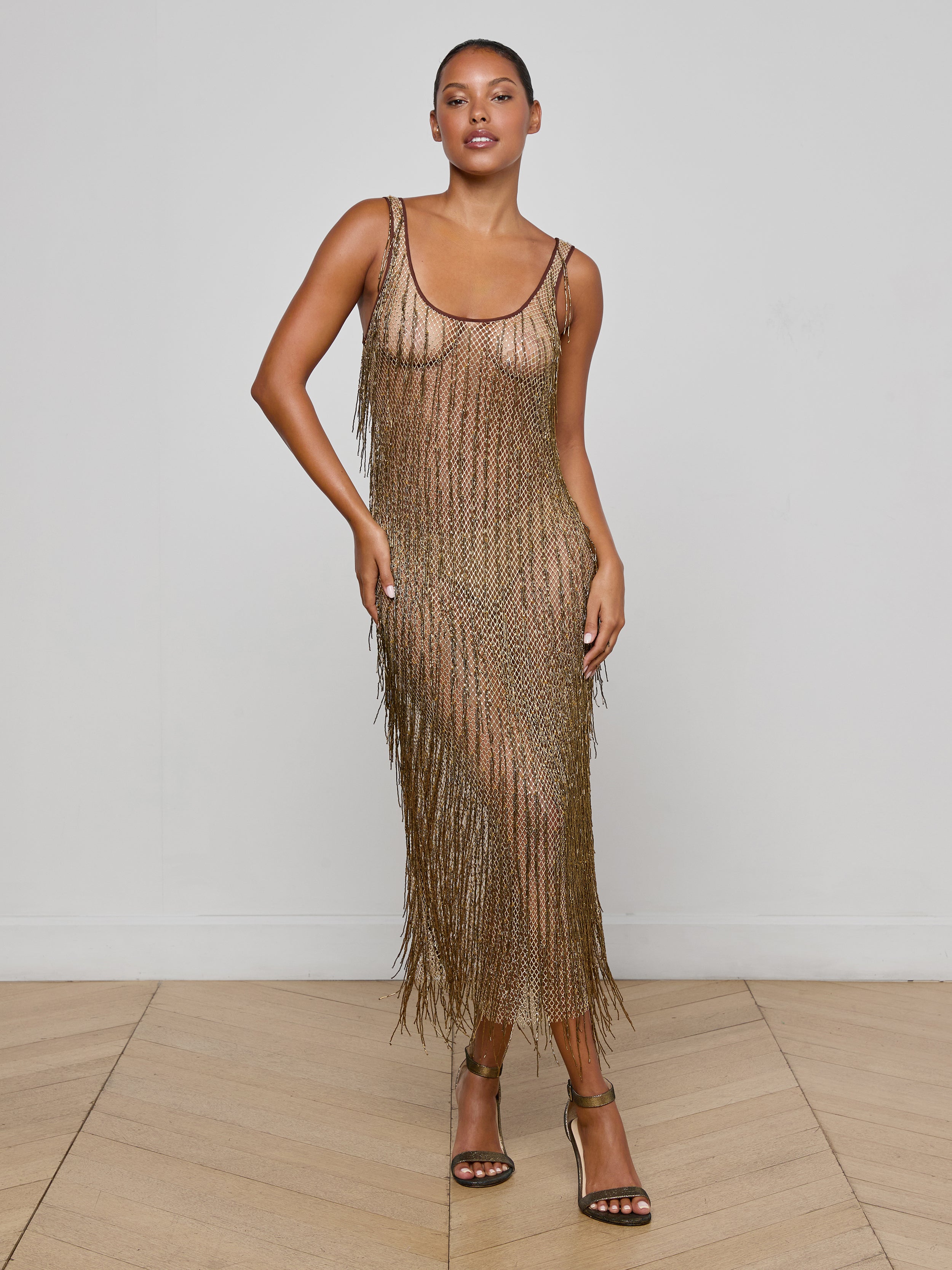 L'agence Women's Gracelynn Beaded Fringe Dress - Brown - Maxi Dresses L'agence Women's Gracelynn Beaded Fringe Dress - Brown - Maxi Dresses