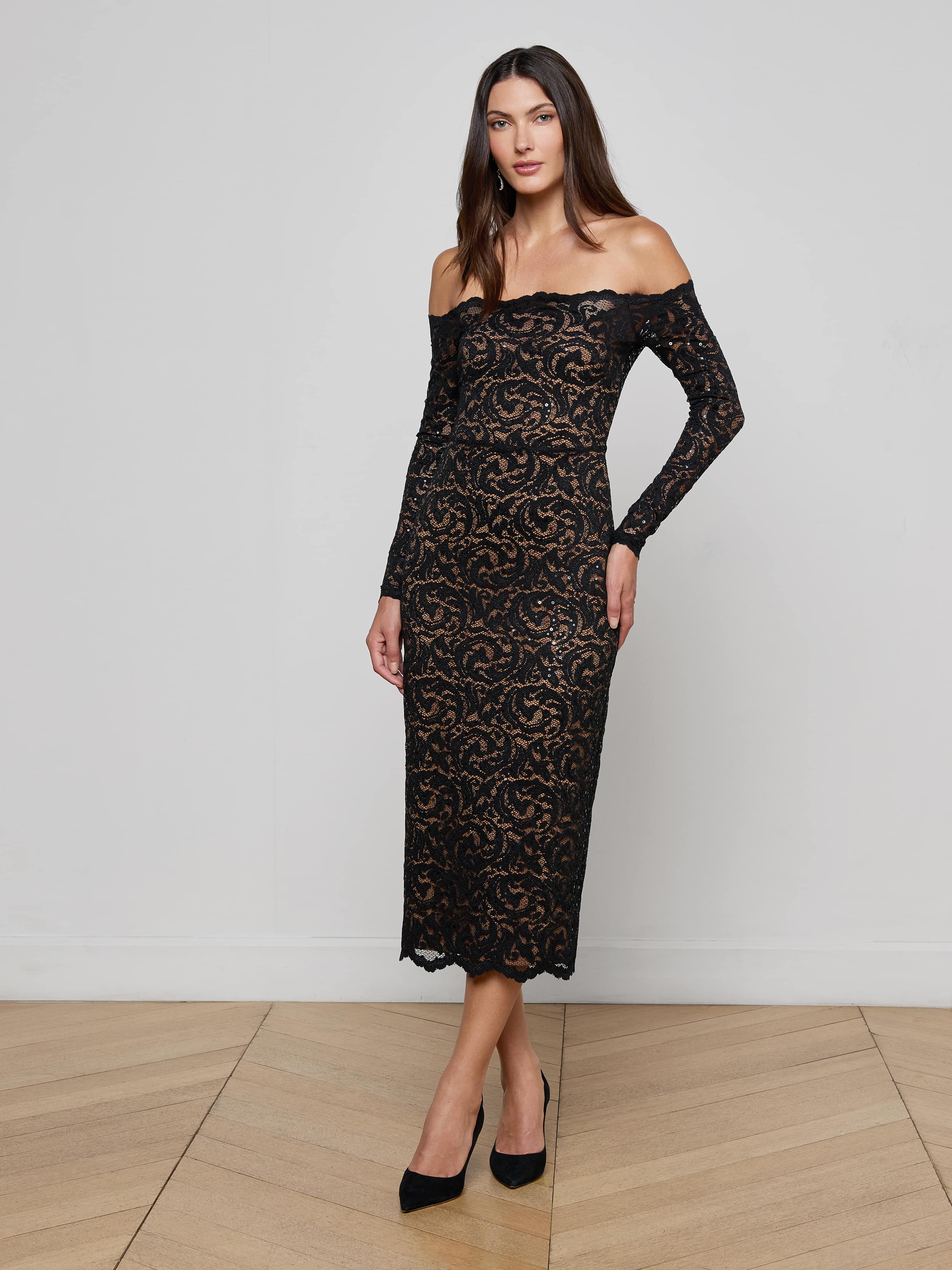 Lindsay Sequined Lace Dress in Black | L'AGENCE