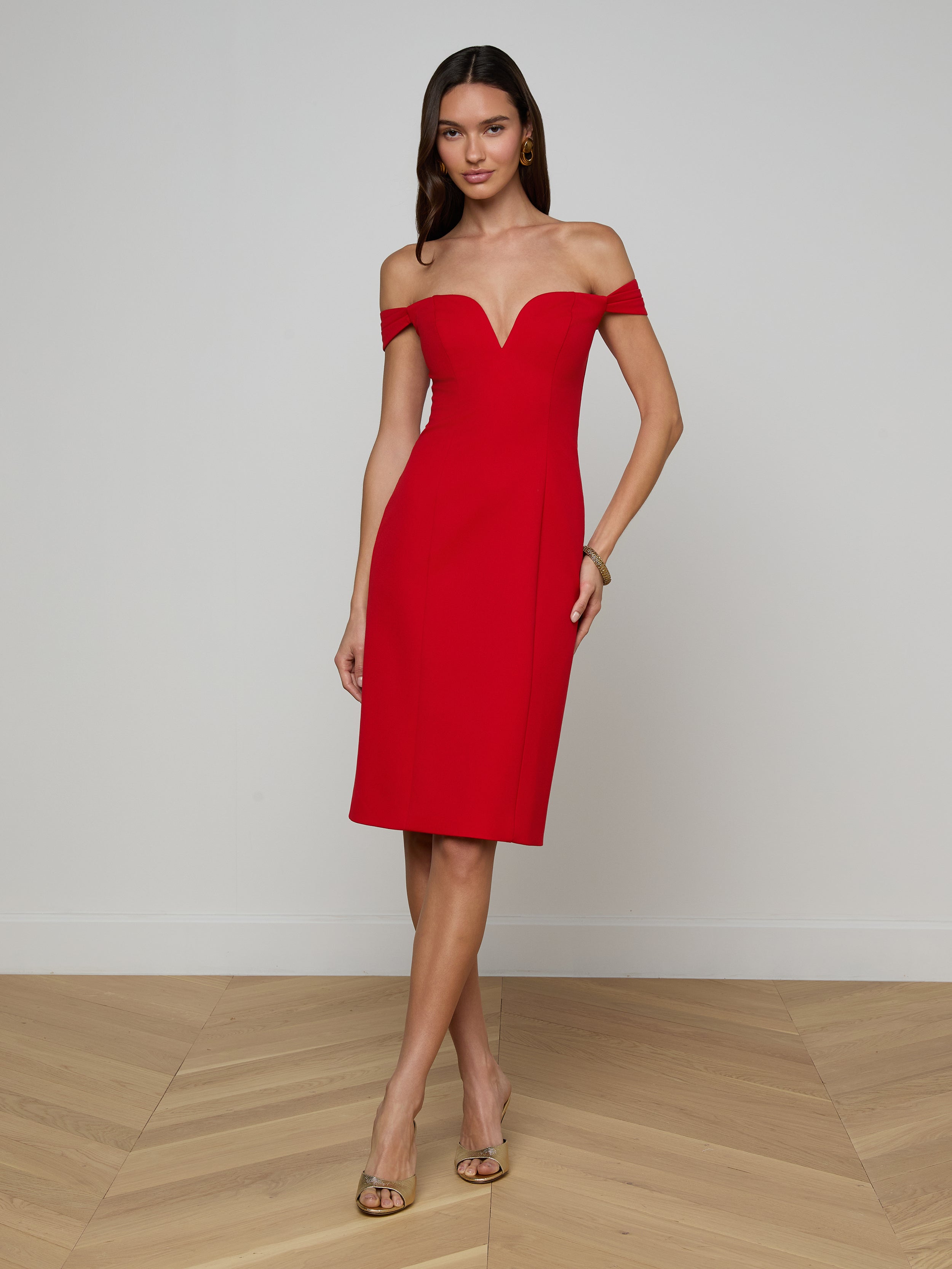 red lipstick with burgundy dress L'AGENCE Vivie Dress In Lipstick Red
