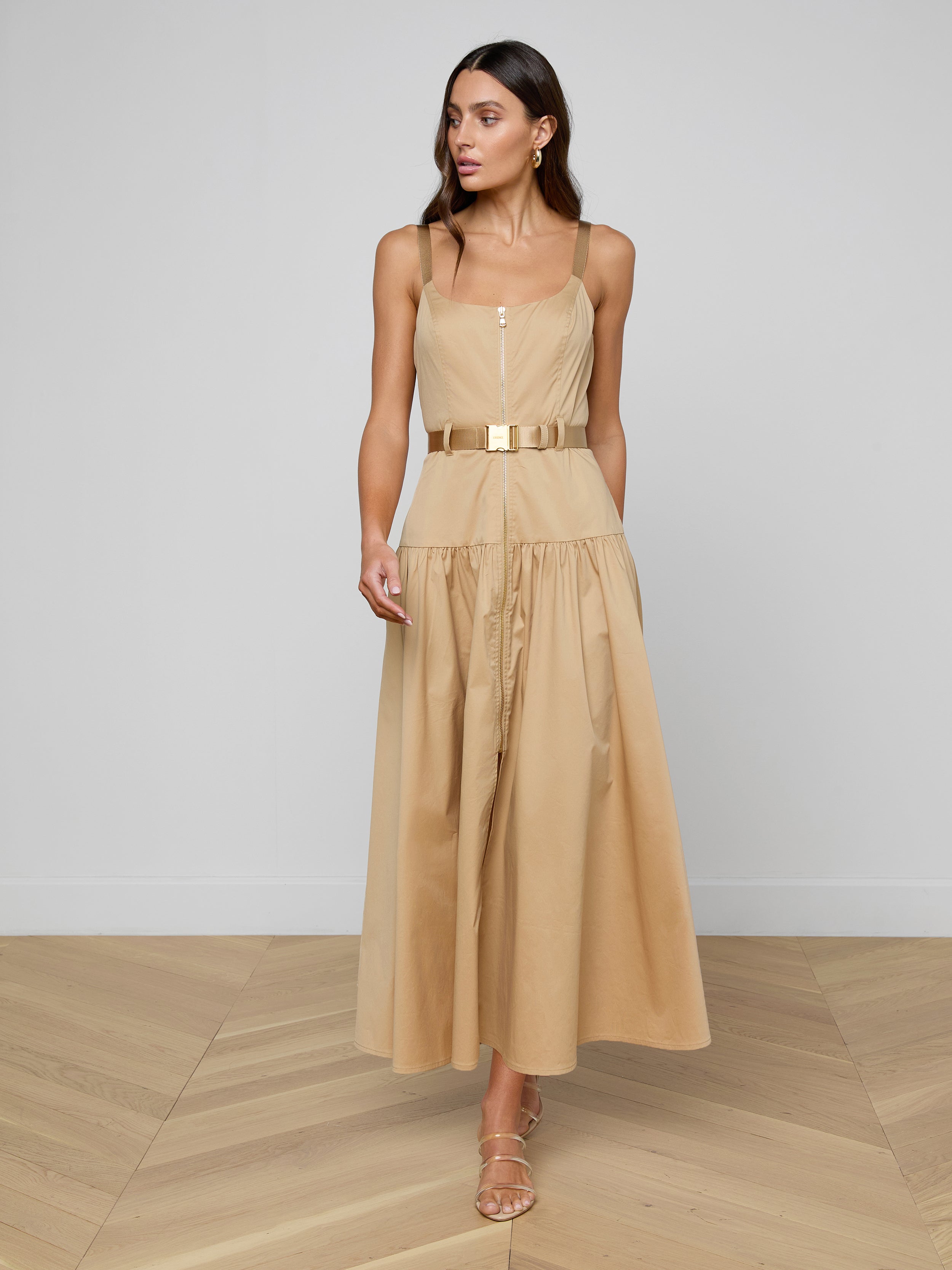 carry tiered belted metallic dress L'AGENCE Rima Maxi Dress In Macadamia Brown