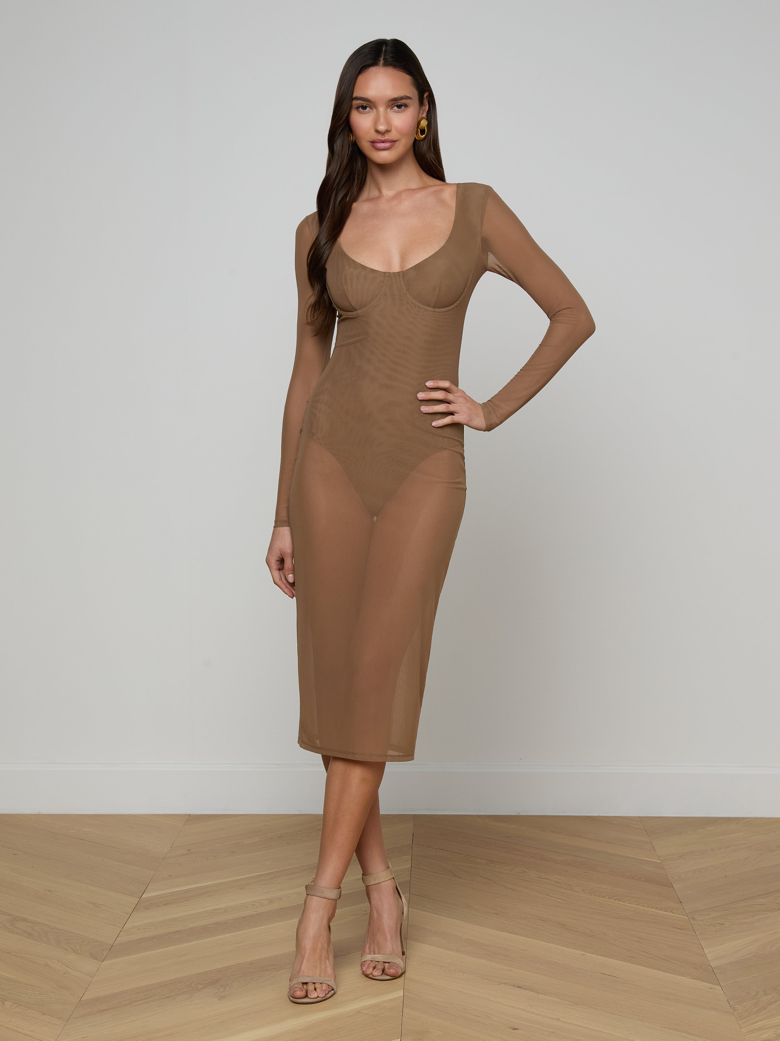 L'AGENCE Sorella Mesh Midi Dress In Portabella L'AGENCE Sorella Mesh Midi Dress In Portabella