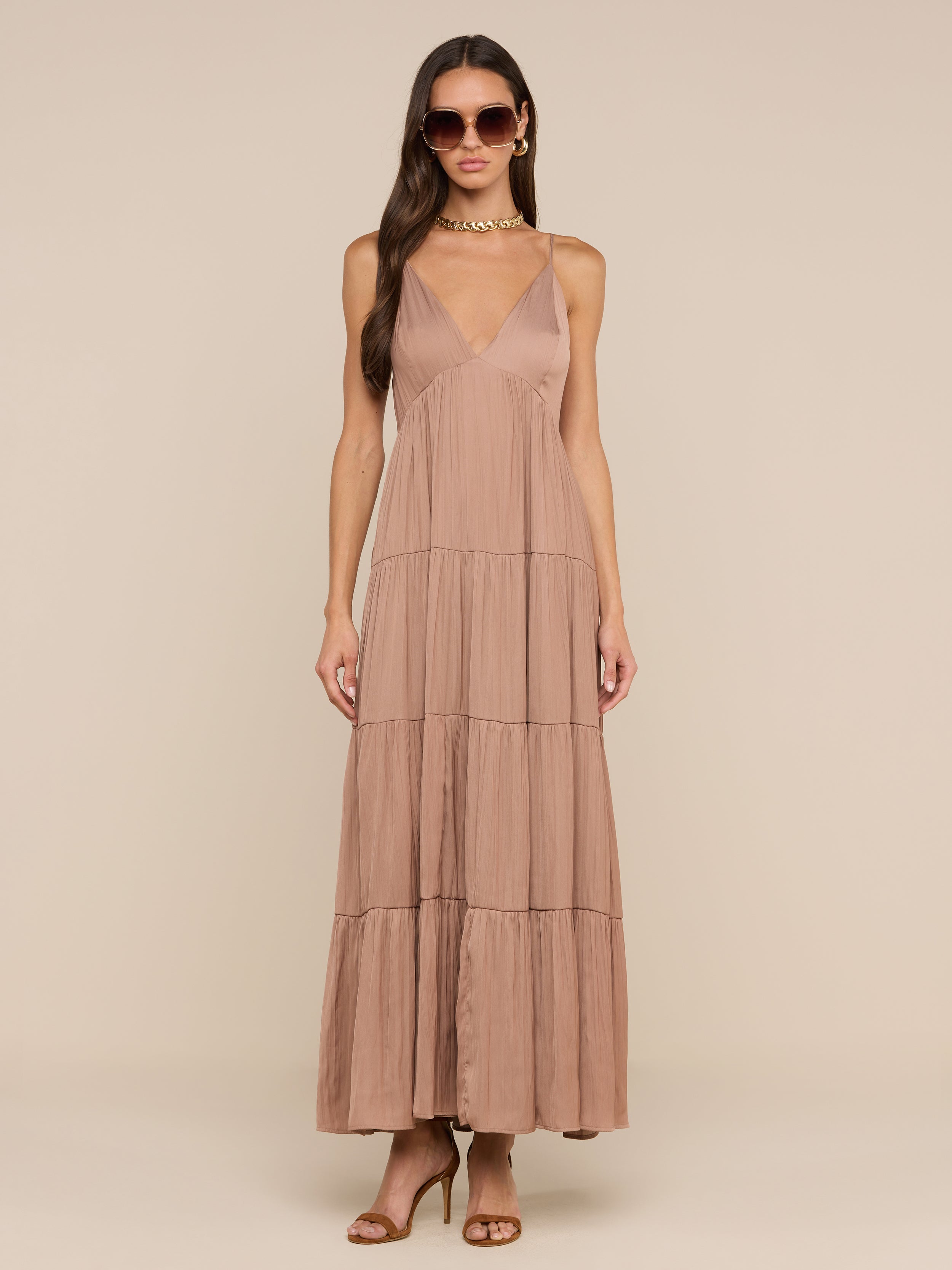 brown tiered dress L'AGENCE Lua Tiered Maxi Dress In Hazelnut