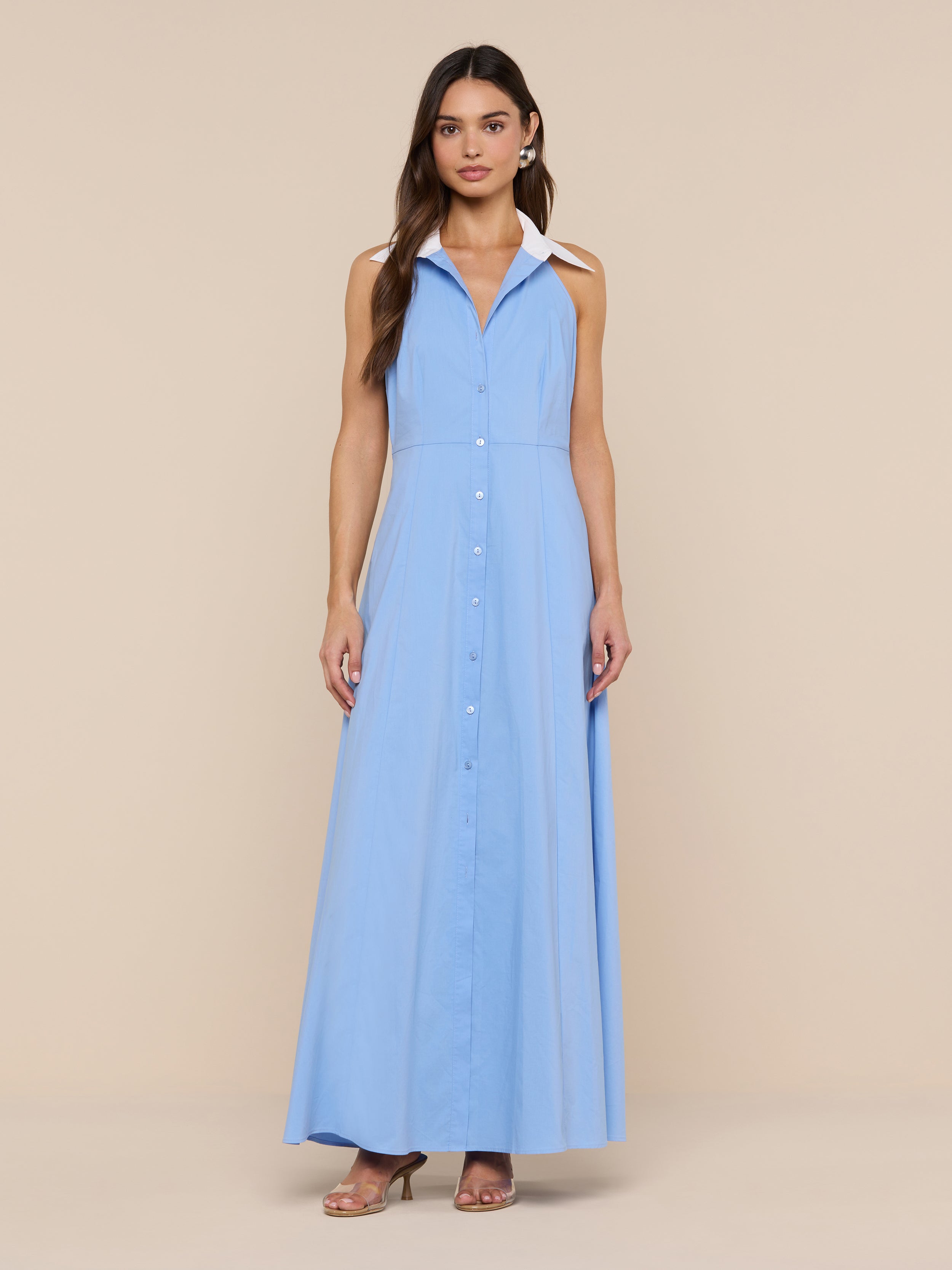 Maurie Poplin Maxi Dress in Vista Blue/White | L'AGENCE