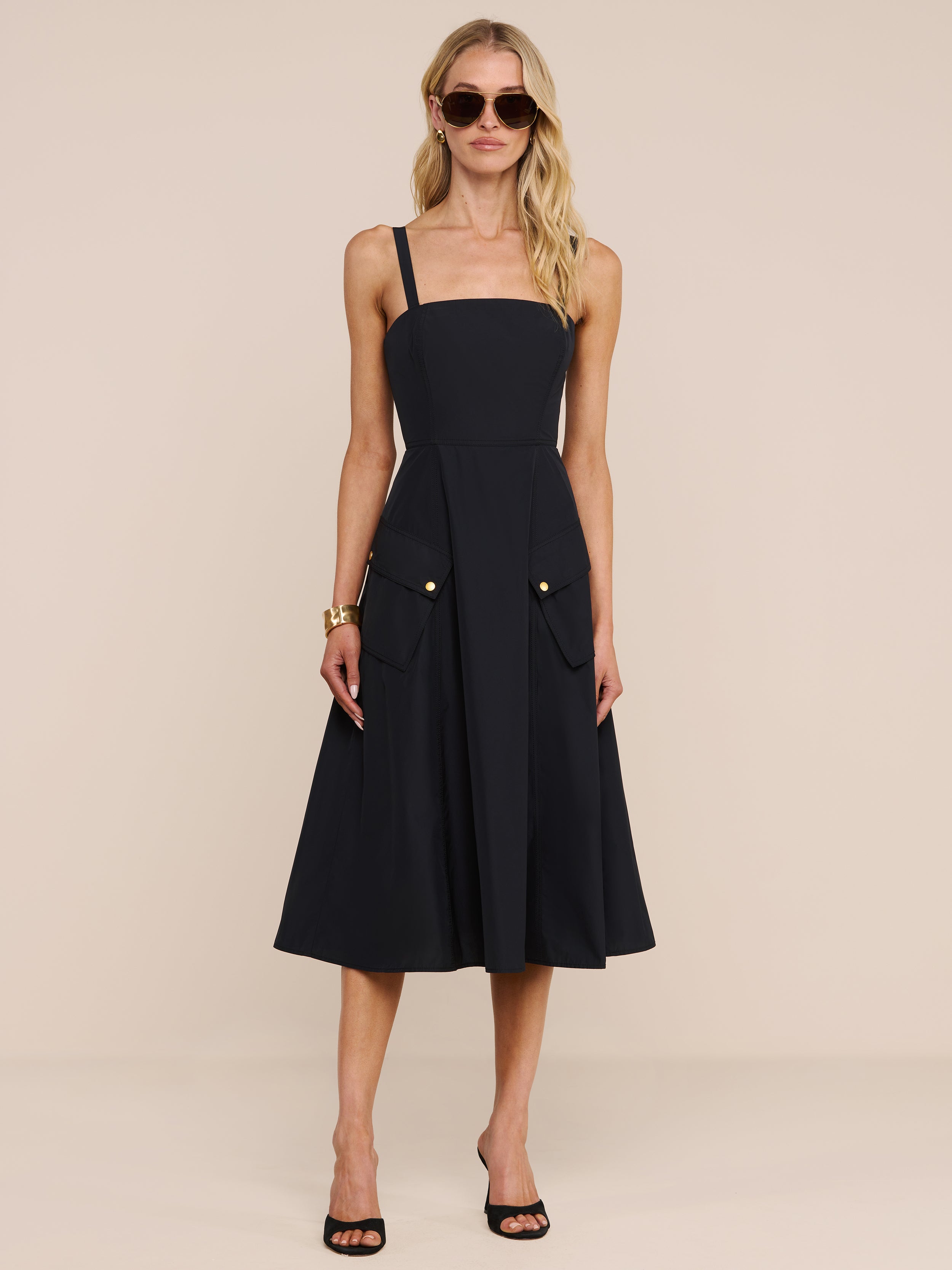 black midi dress gold buttons Belted Midi Dress With Gold Buttons