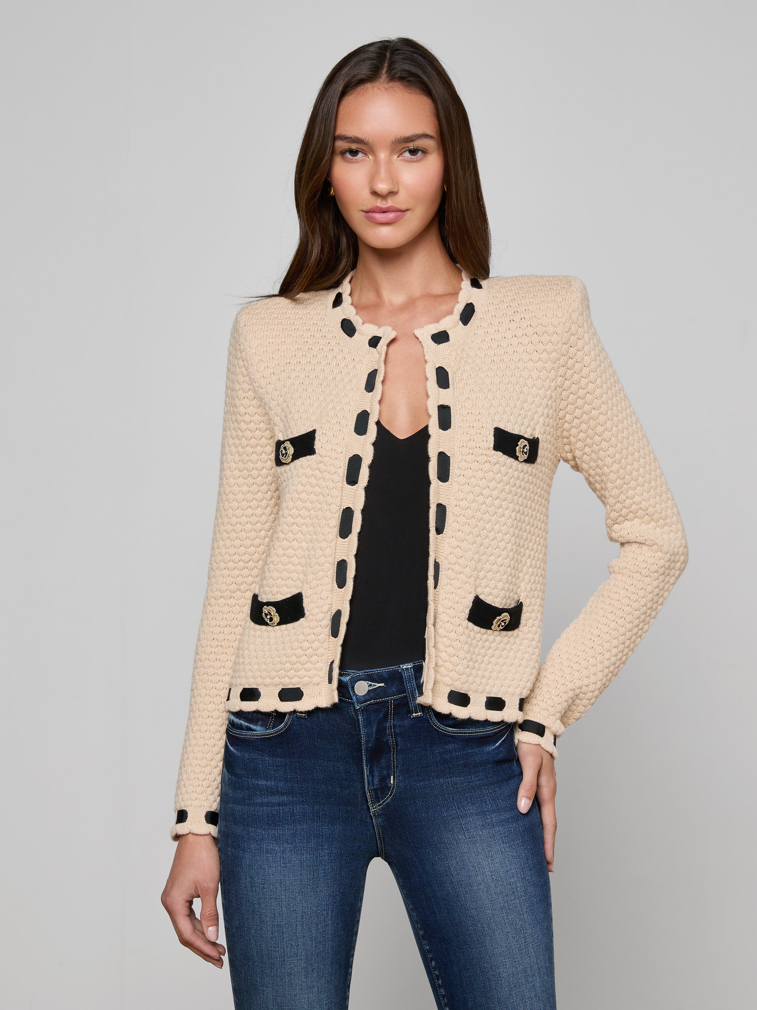 Astor Cardigan in Biscuit/Black | L'AGENCE
