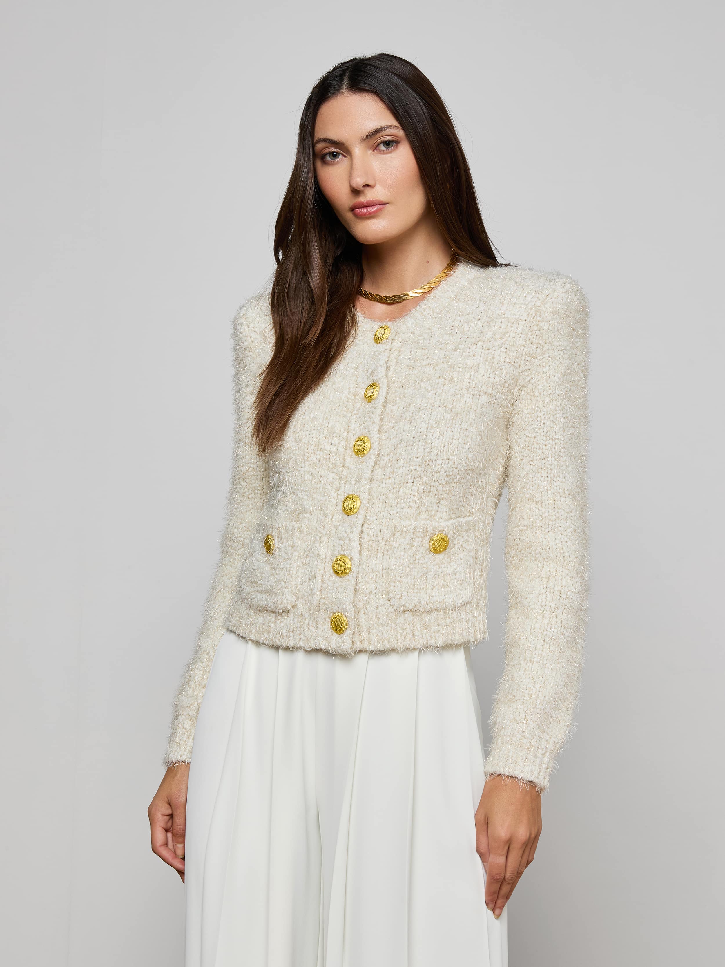Una Knit Cardigan in Ivory/Gold Lurex Multi | L'AGENCE