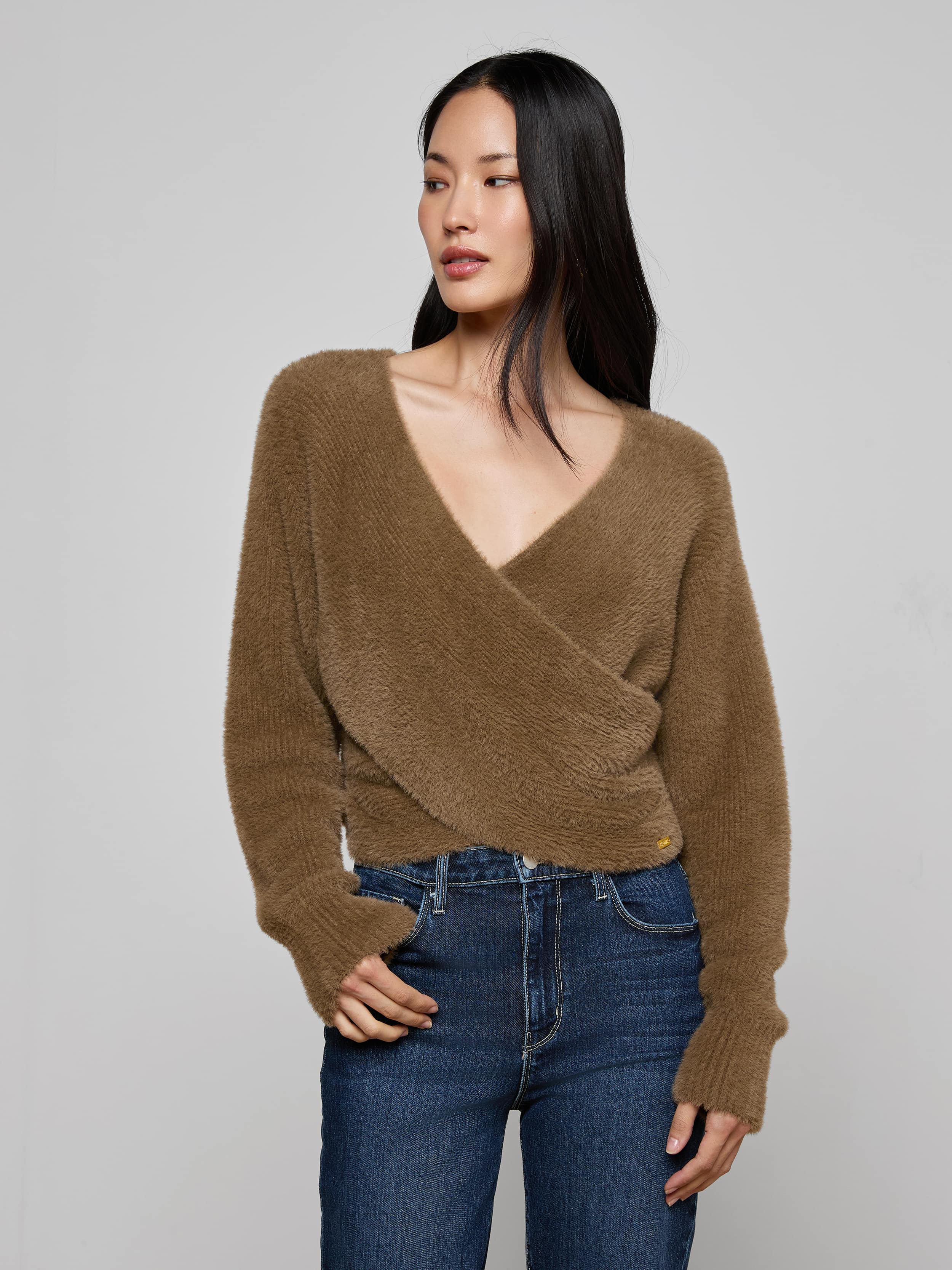 Antonella Crossover Sweater in Driftwood | L'AGENCE
