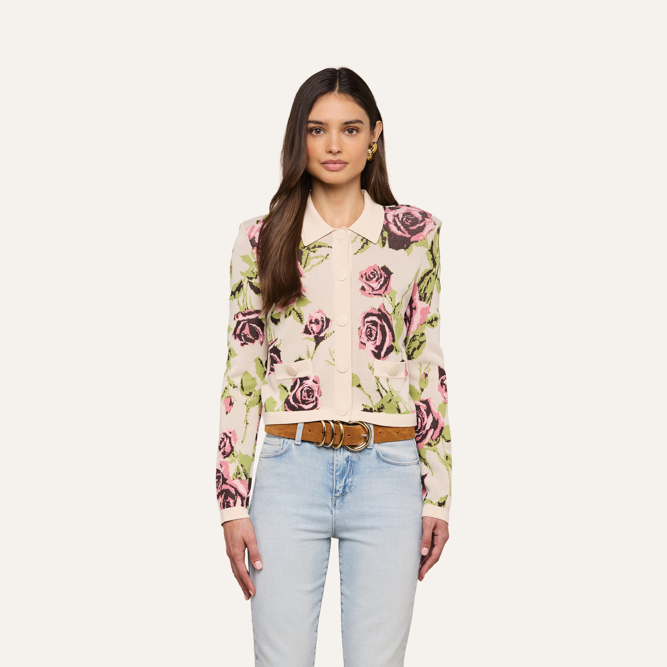 Osiris Jacquard Cardigan in Ecru/Mauve Romantic Rose | L'AGENCE