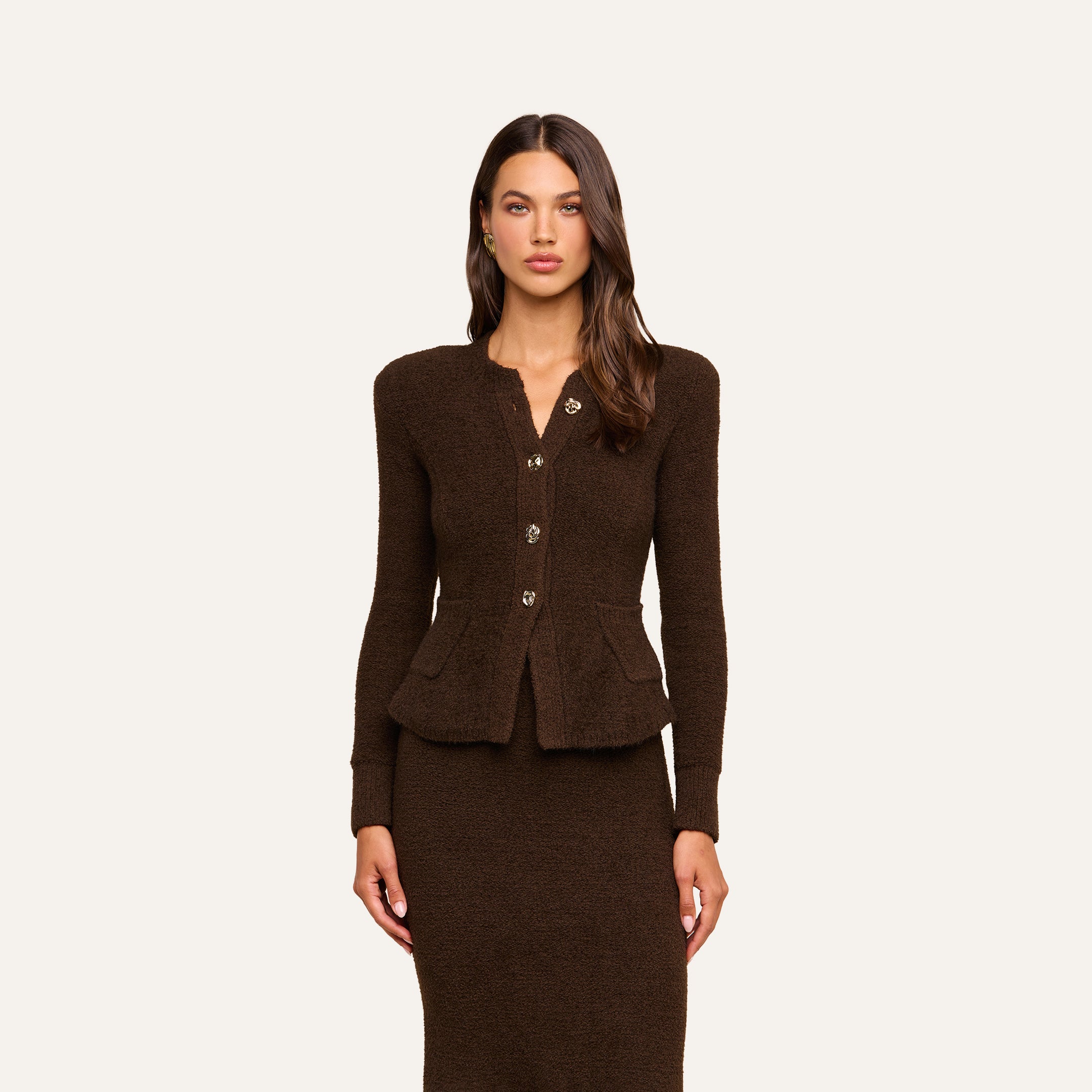 Melissa Knit Cardigan in Dark Brown/Gold | L'AGENCE