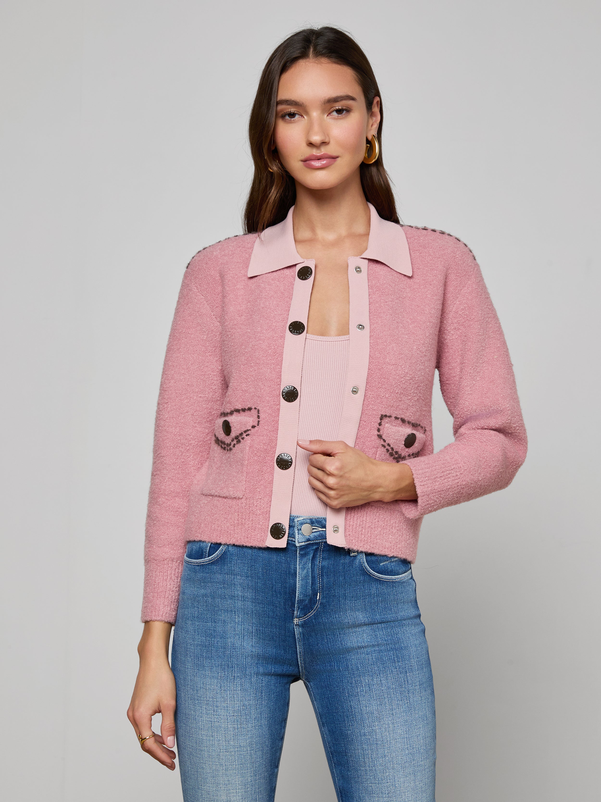 Poetry Cardigan in Mauve Rose/Dark Brown | L'AGENCE