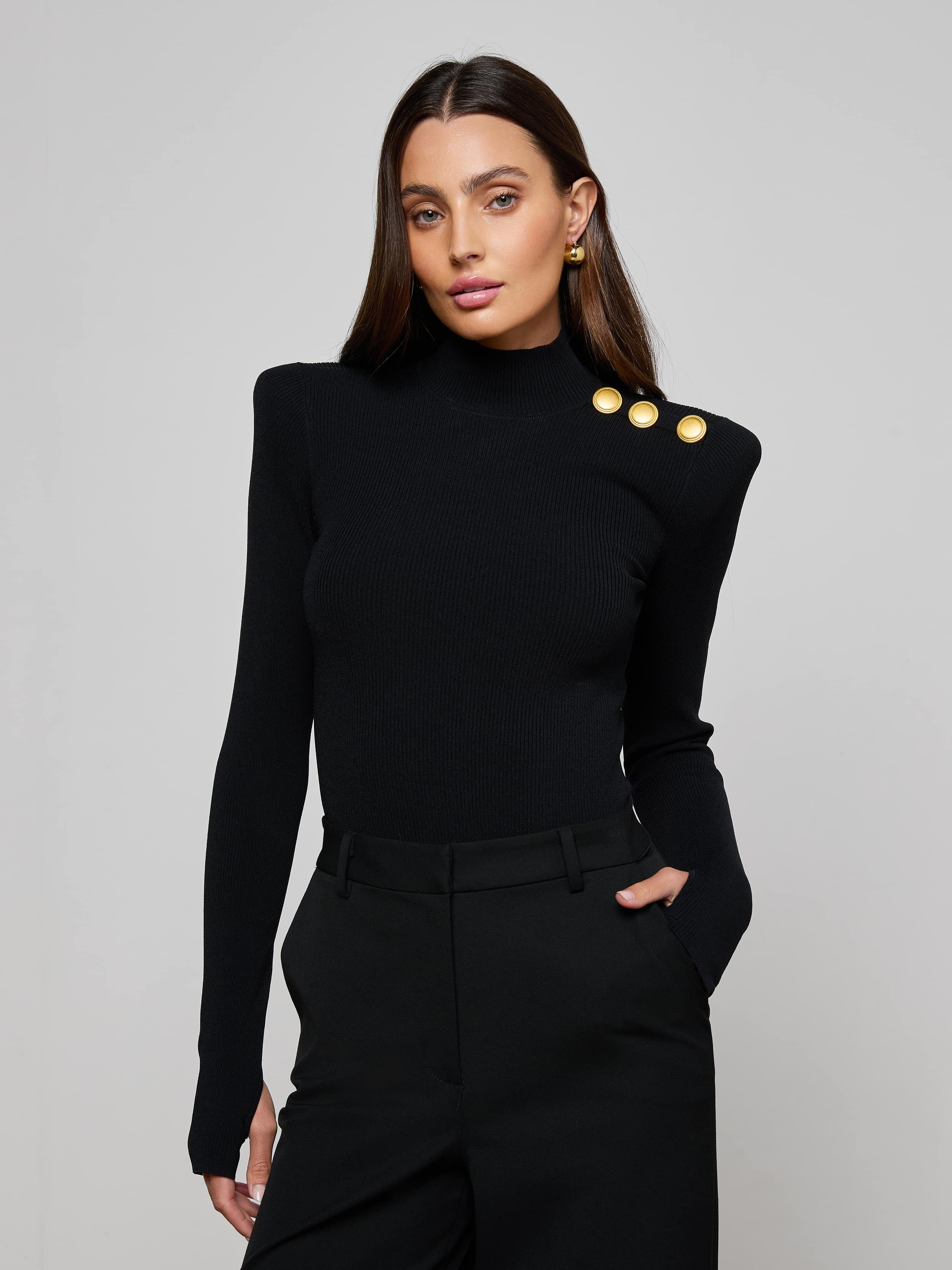 Jennis Mock-Neck Bodysuit in Black/Gold | L'AGENCE