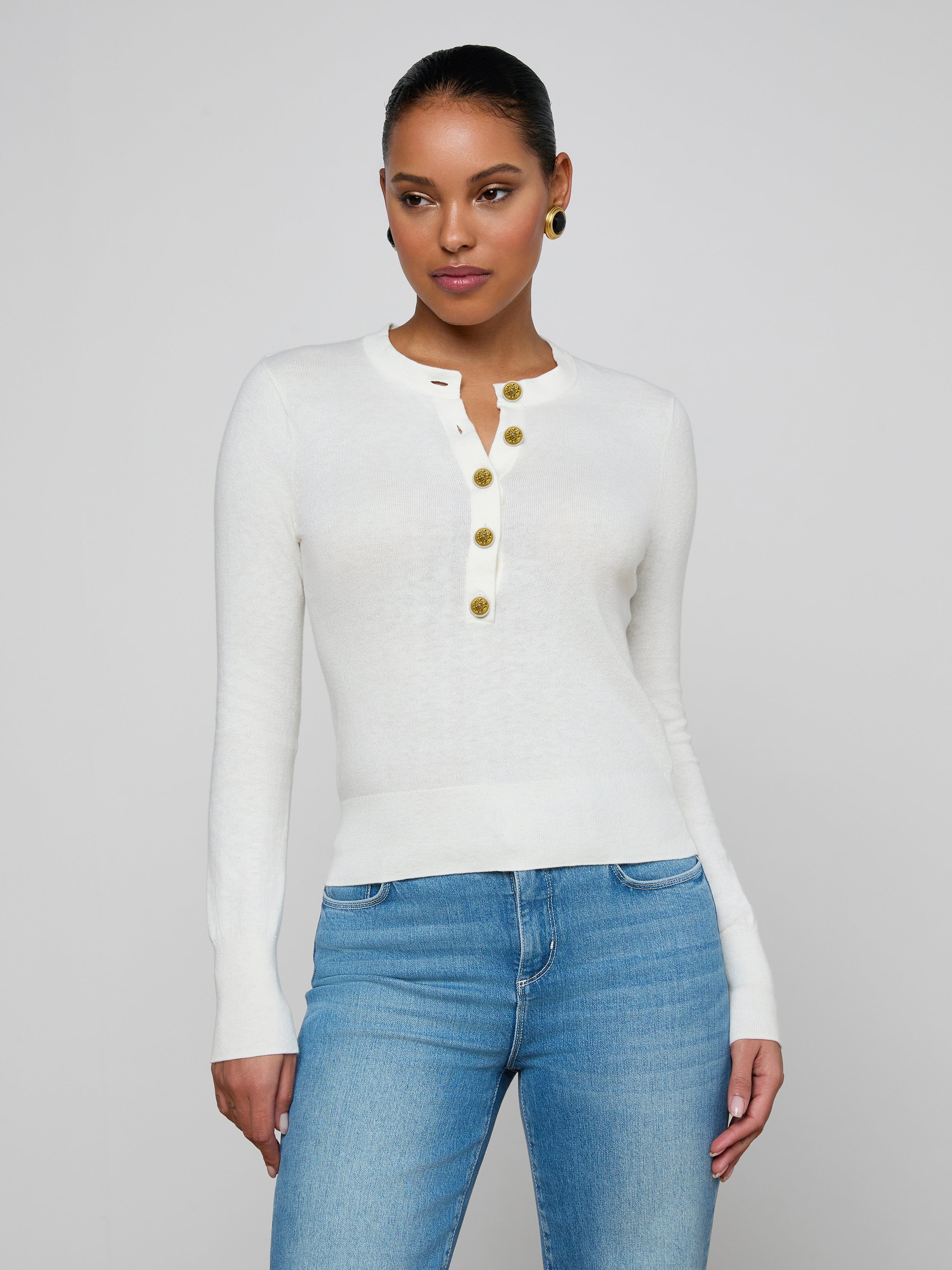 Ronda Knit Henley Top in Ivory/Gold | L'AGENCE