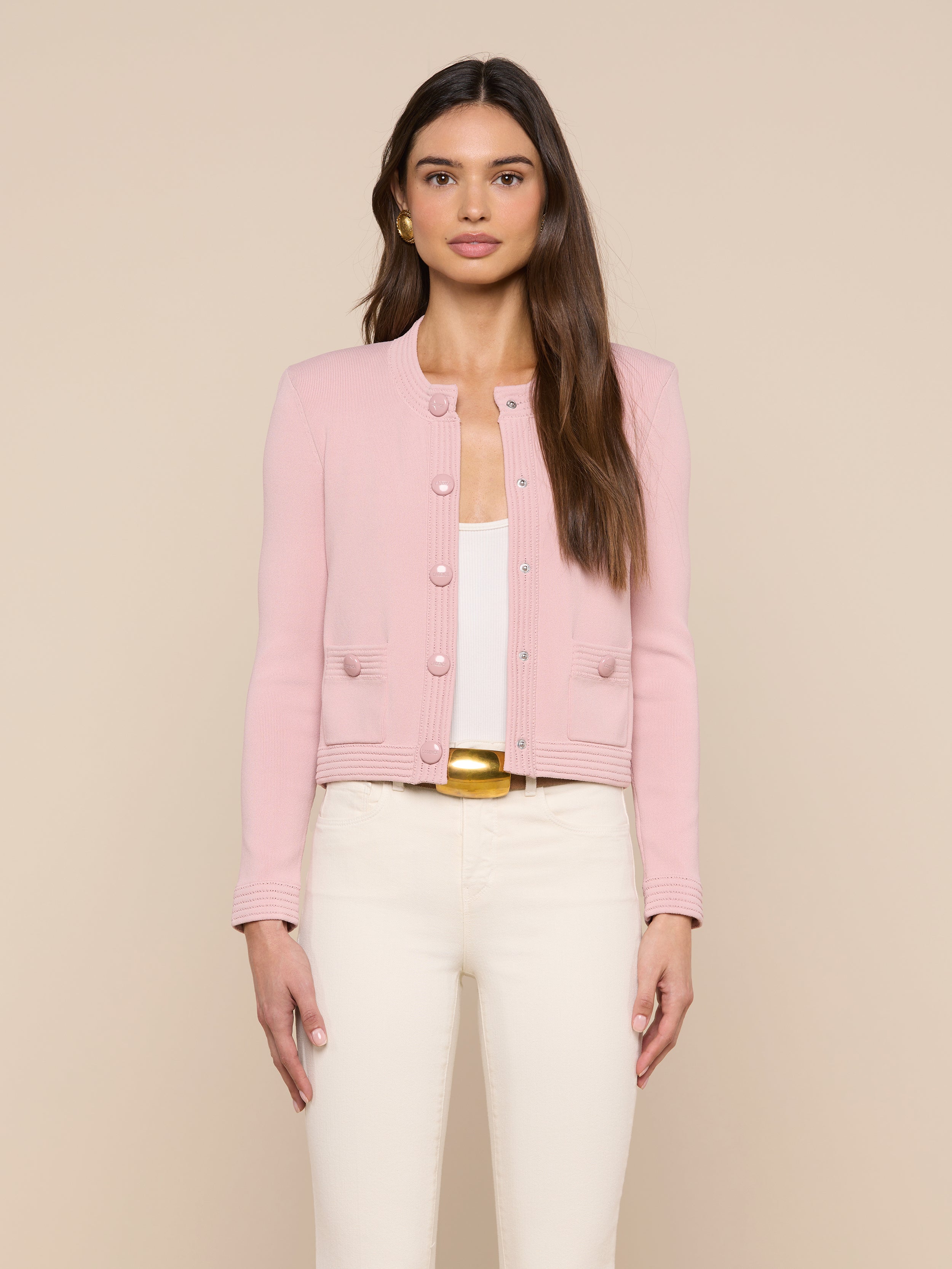 Patsy Cropped Cardigan in Misty Rose | L'AGENCE