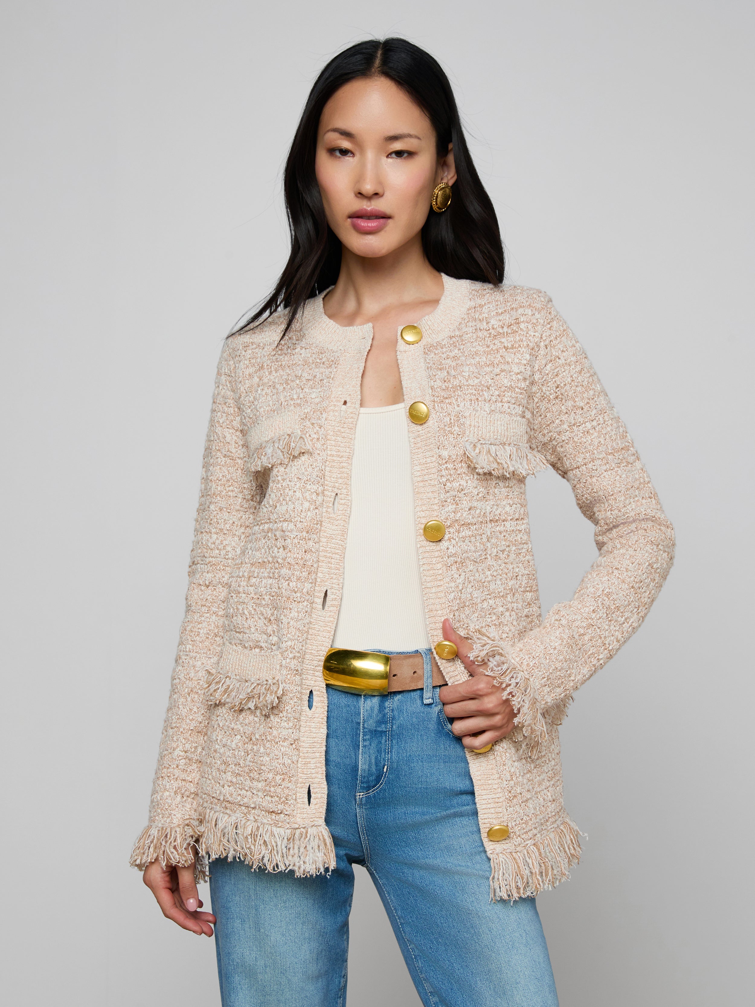 Kastoria Fringe Cardigan in Natural Multi Boucle | L'AGENCE