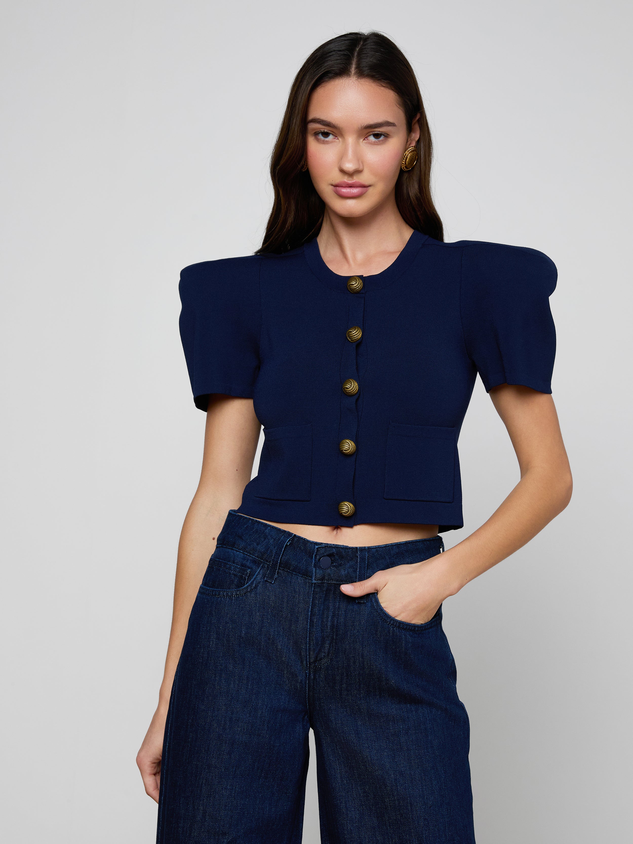 Britt Statement Shoulder Cardigan in Midnight/Gold | L'AGENCE