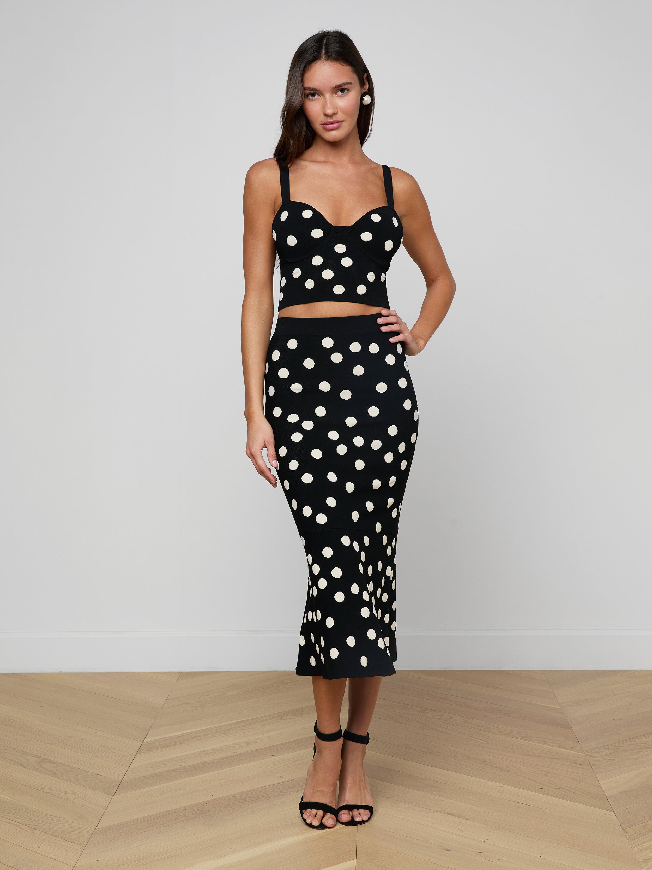 Mae Knit Flare Skirt in Black/Ecru Polka Dot | L'AGENCE