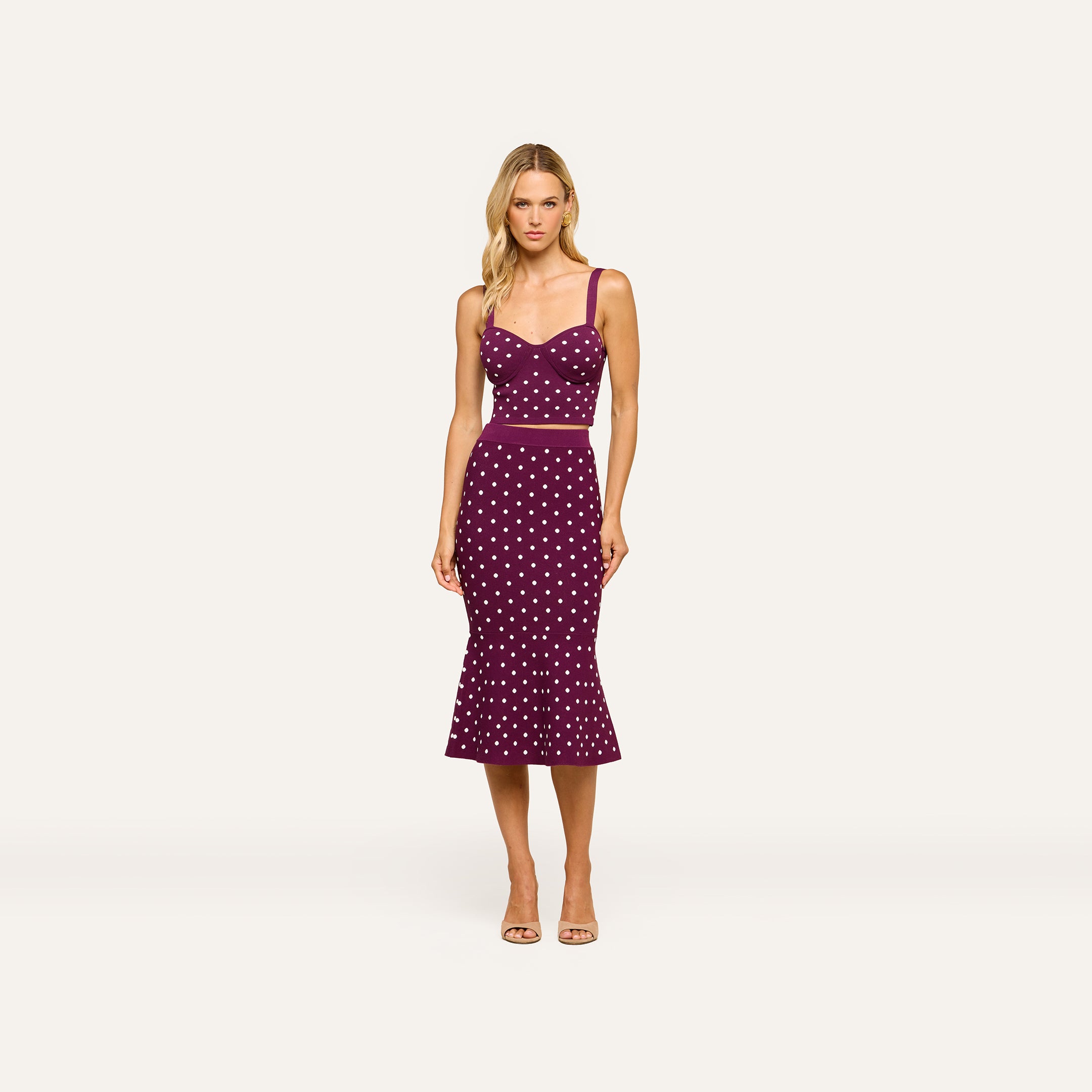 mae knit dress Flare Skirt in Dark Plum/Ivory Polka Dot Made Goods Pierre dresser