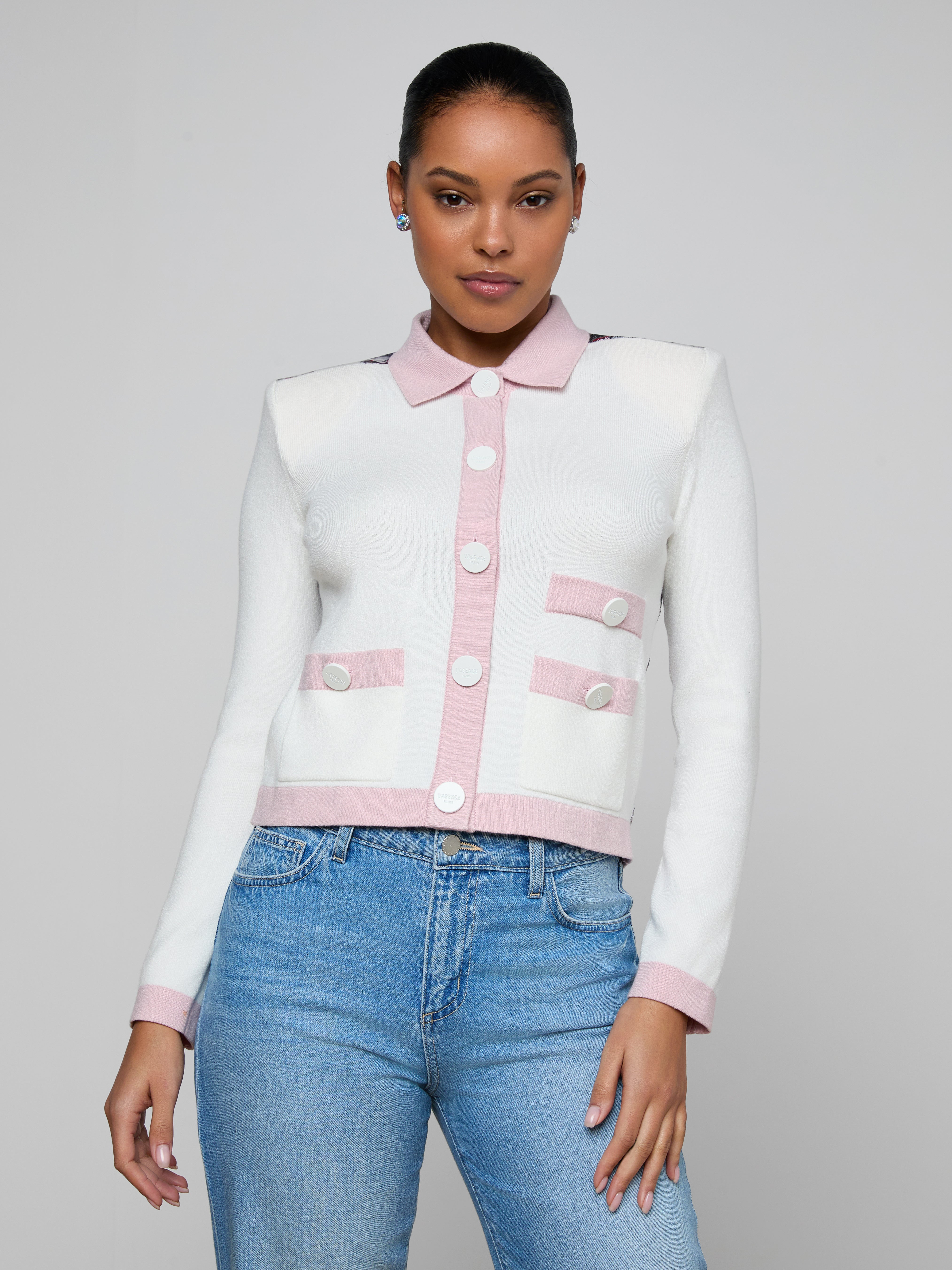 Nomi Satin Back Cardigan in Ivory/Pink/Multi Butterfly Jungle | L