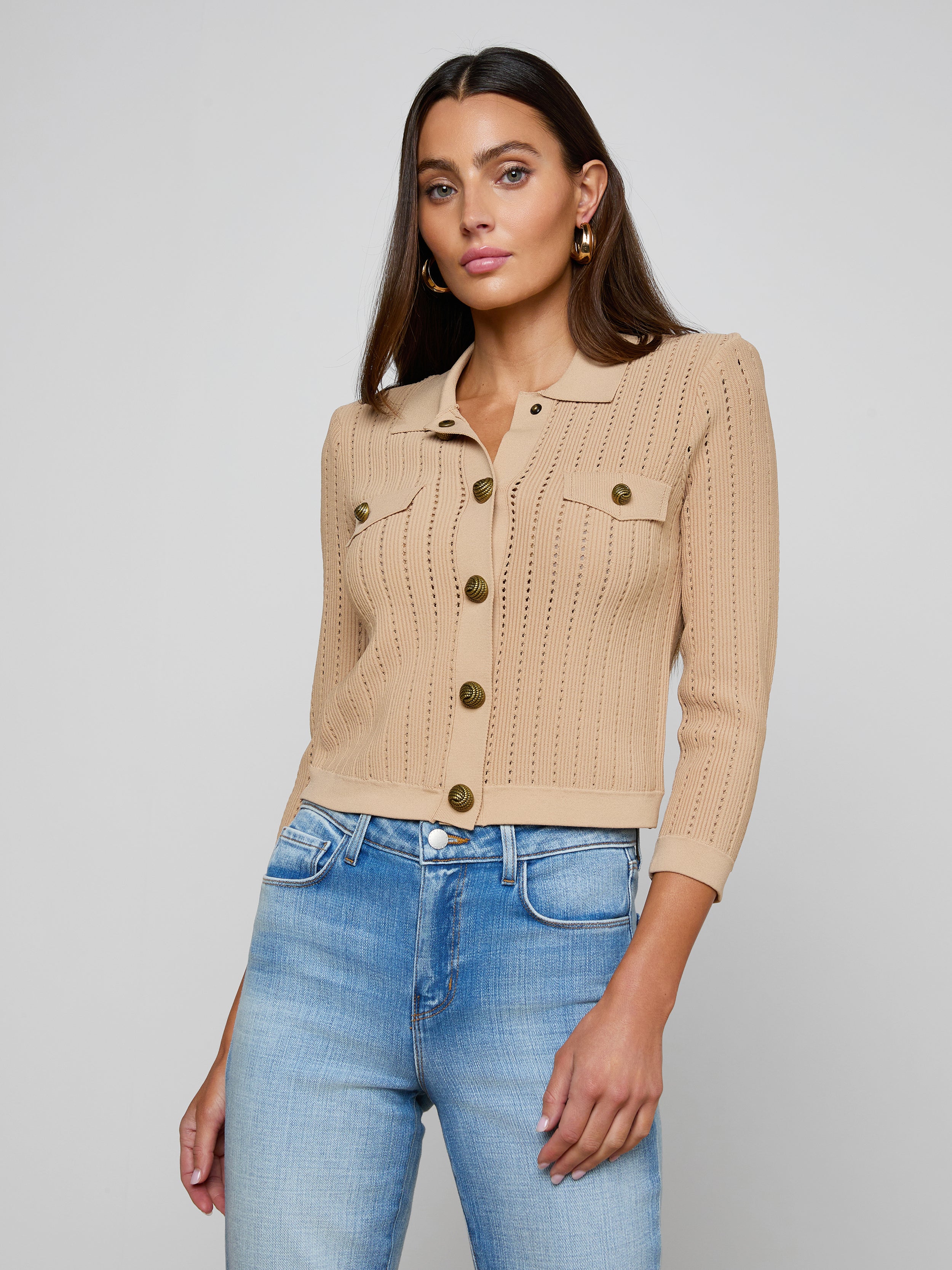 Risa Cardigan in Light Almond/Gold | L'AGENCE
