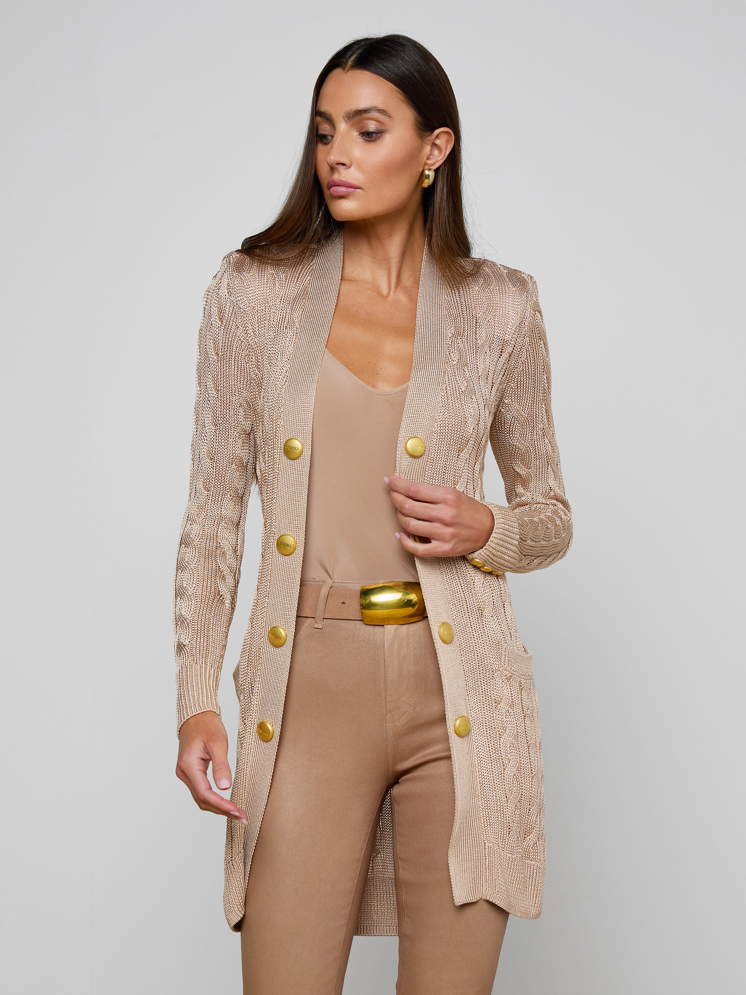 Penelope Cabled Cardigan in Almond/Gold | L'AGENCE
