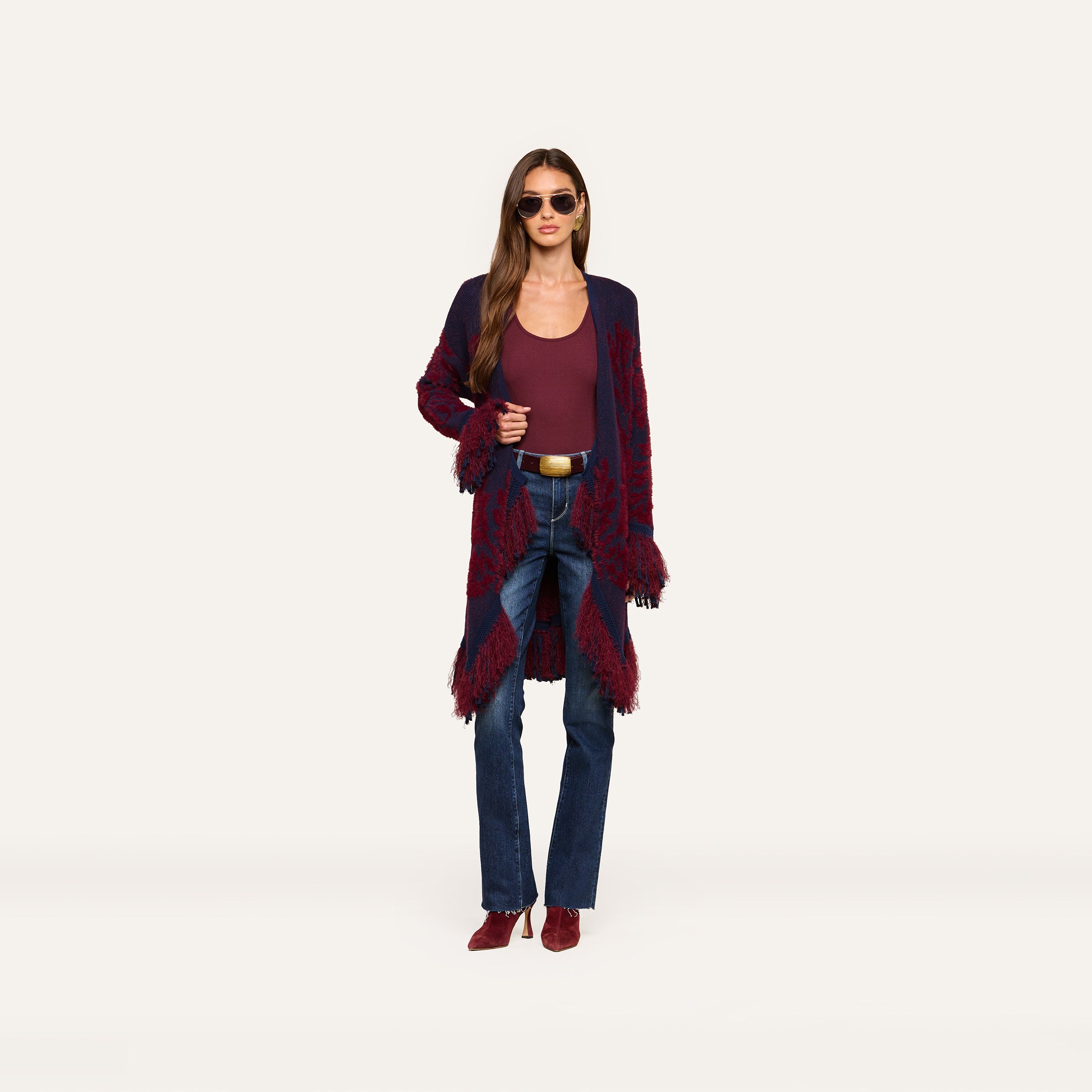 Naiad Jacquard Fringe Cardigan in Midnight/Burgundy Jacquard | L